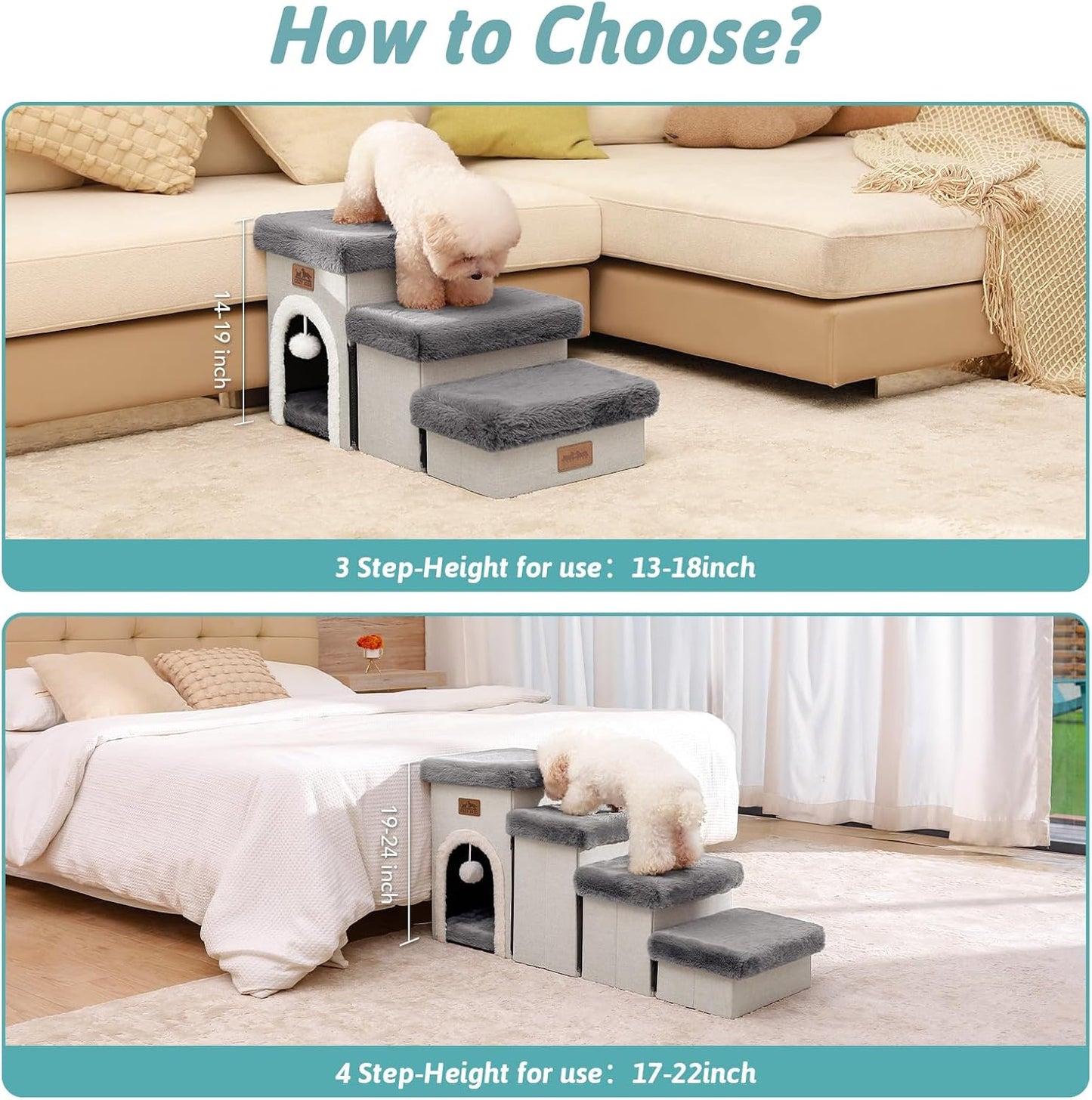 Dog Stairs for Small Dogs with Storage and Condo, 14" H Foldable Pet Stairs for Small Medium or Puppy Dogs and Older Cats, Dog Steps for Bed or Couch, 13x27x14 inch, 3 Tiers, Grey