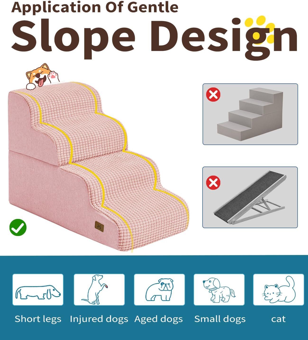 Dog Step for Bed, Dog Stair 4-Step 35D Pet Stair 19.7" H for High Bed or Sofa Non-Slip Balanced Pet Step Indoor, Pink