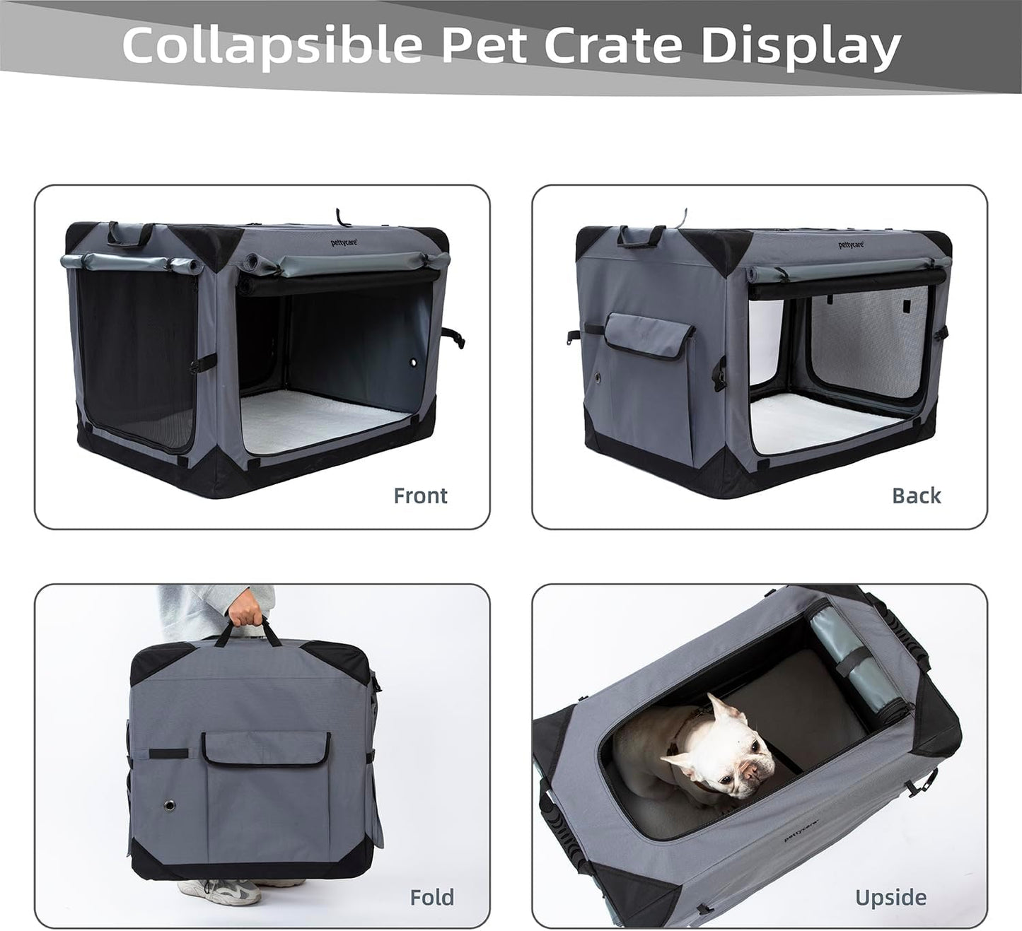 Pettycare 26 Inch Collapsible Dog Crate with Curtains Travel Dog Crate for Airflow and Calm Soft Pet Kennel with Portable Bag and More Chew Proof Mesh Indoor & Outdoor Grey 4 Door Curtains