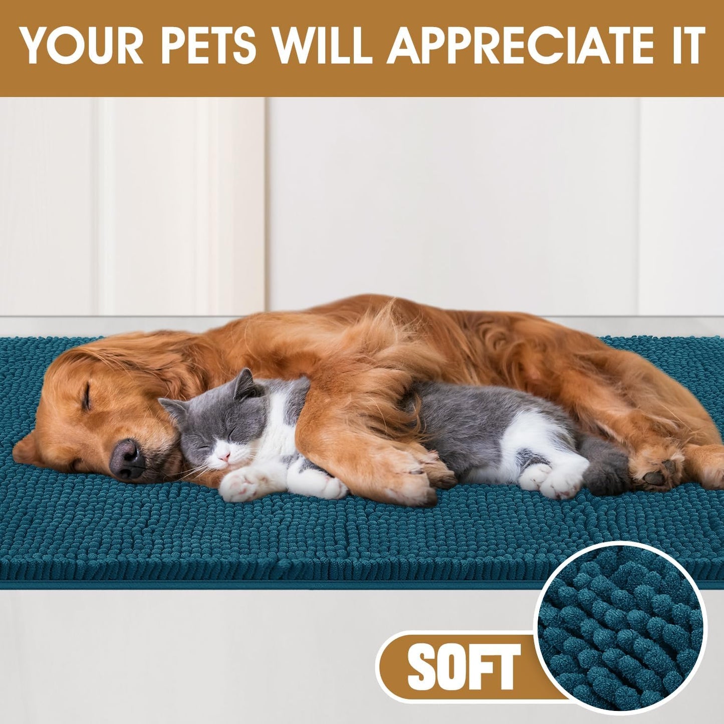 IM HOME Dog Door Mats for Muddy Paws, Chenille Absorbent Door Mats, Non Slip Heavy Mud Mat for Dogs, Soft Indoor Door Mat for Entryway, Mud Paws, Inside Floor,36" X 24", Teal Blue