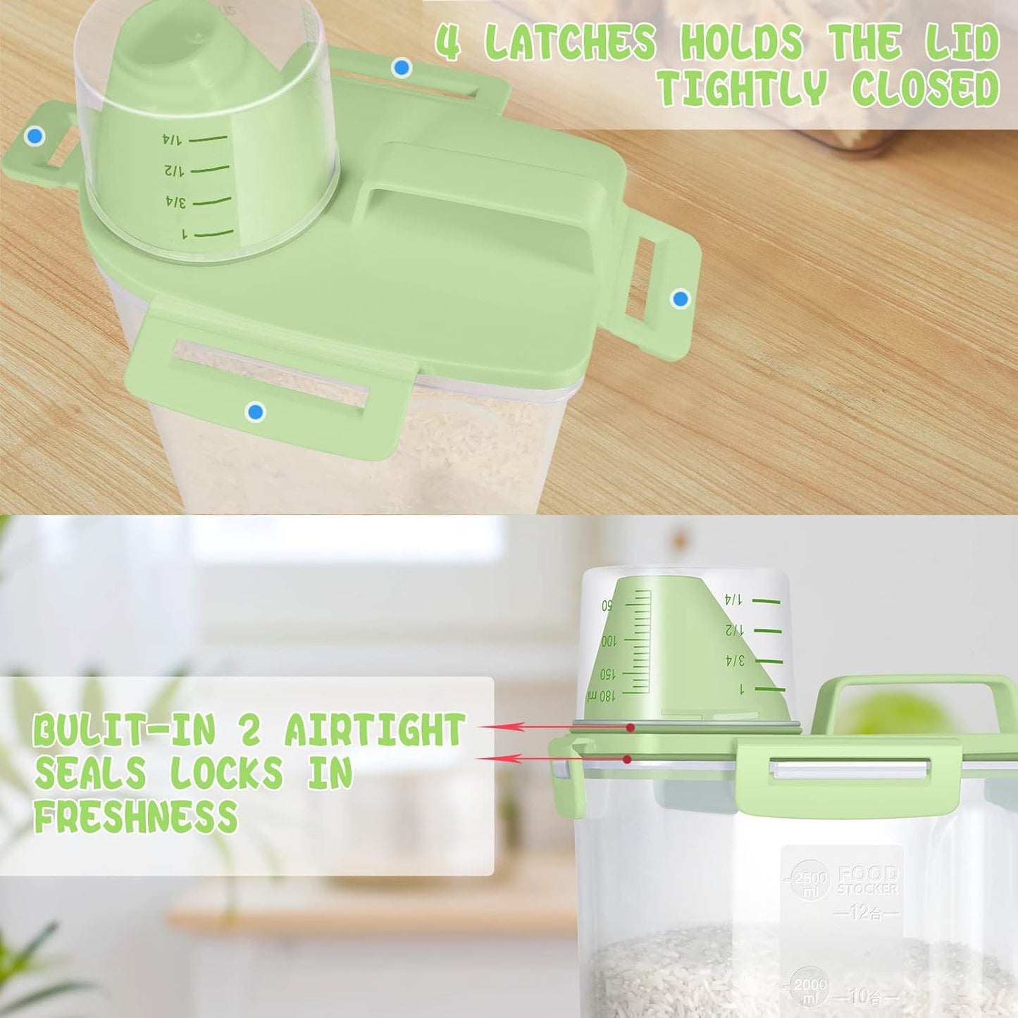 TBMax Rice Container Cereal Storage Container 2 Pack 5 Lbs, Plastic Kitchen Pantry Food Storage Container with Cup, Small Pet Dog Cat Food Dispenser -Green