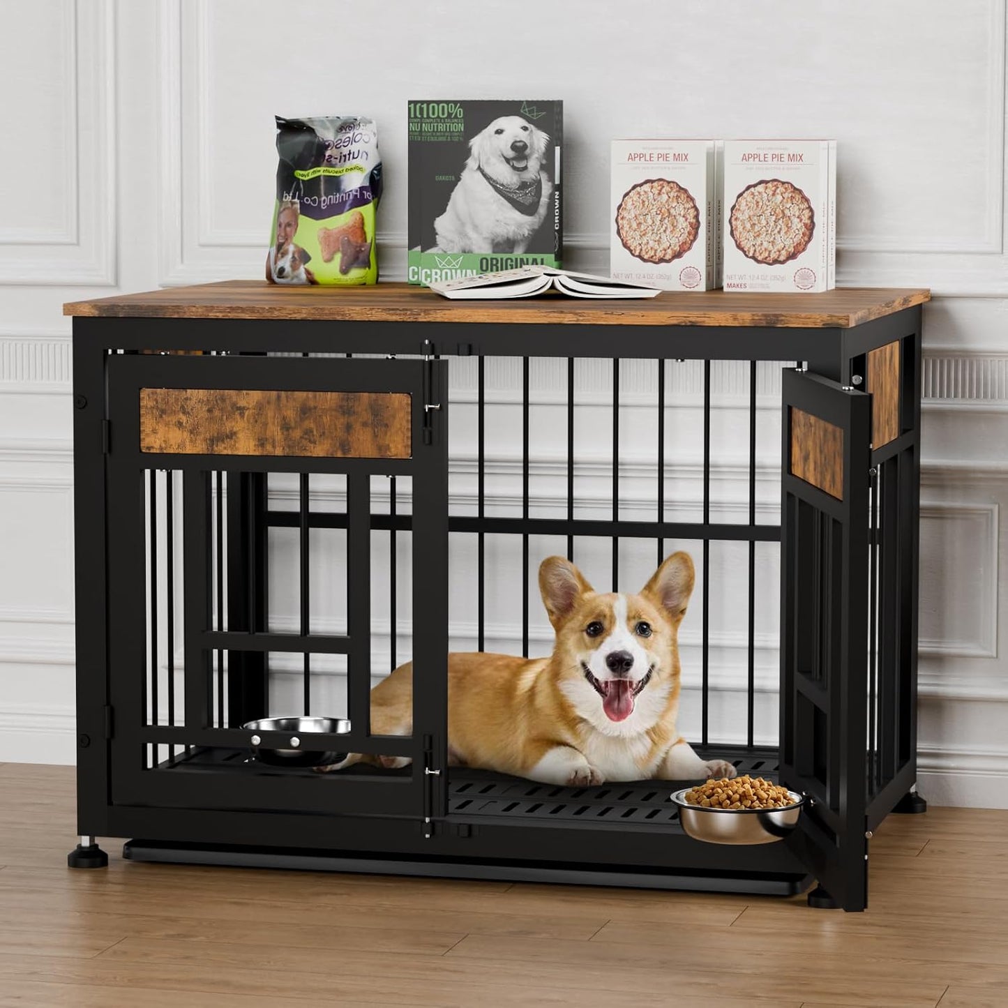 Dog Crate Furniture End Table 38 Inch Hidden Kennel Cabinet with Removable Tray, Thickened Metal Frame Dog Cage, Dual-Purpose Pet House & Nightstand for Living Room