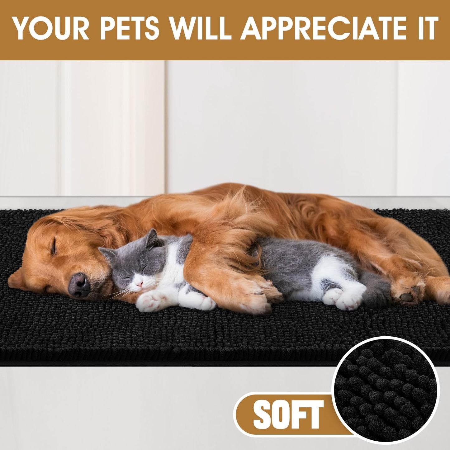 Dog Door Mats for Muddy Paws, Chenille Absorbent Dog Mats, Non Slip Heavy Mud Mat for Dogs, Soft Pet Mat for Entryway, Mud Paws, Inside Floor,48" x 38", Black