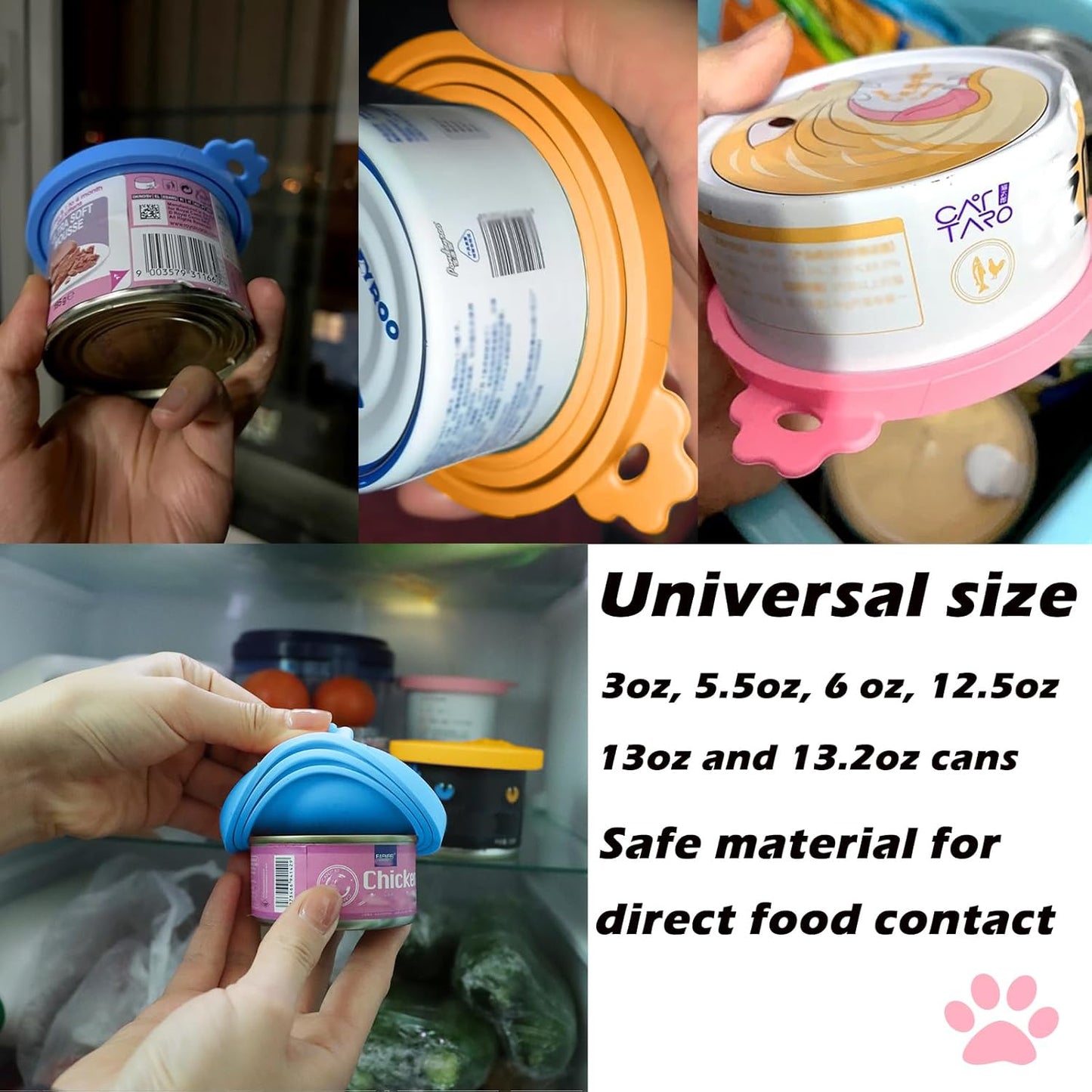 Pet Food Can Spoon & 3 Pcs Can Cover Lids | Cute Paw Shape Opener Spatula Cat Wet Food Spoon | Universa BPA Free Silicone Can Lids & Spoon for Dog Cat Cans(multicolor)