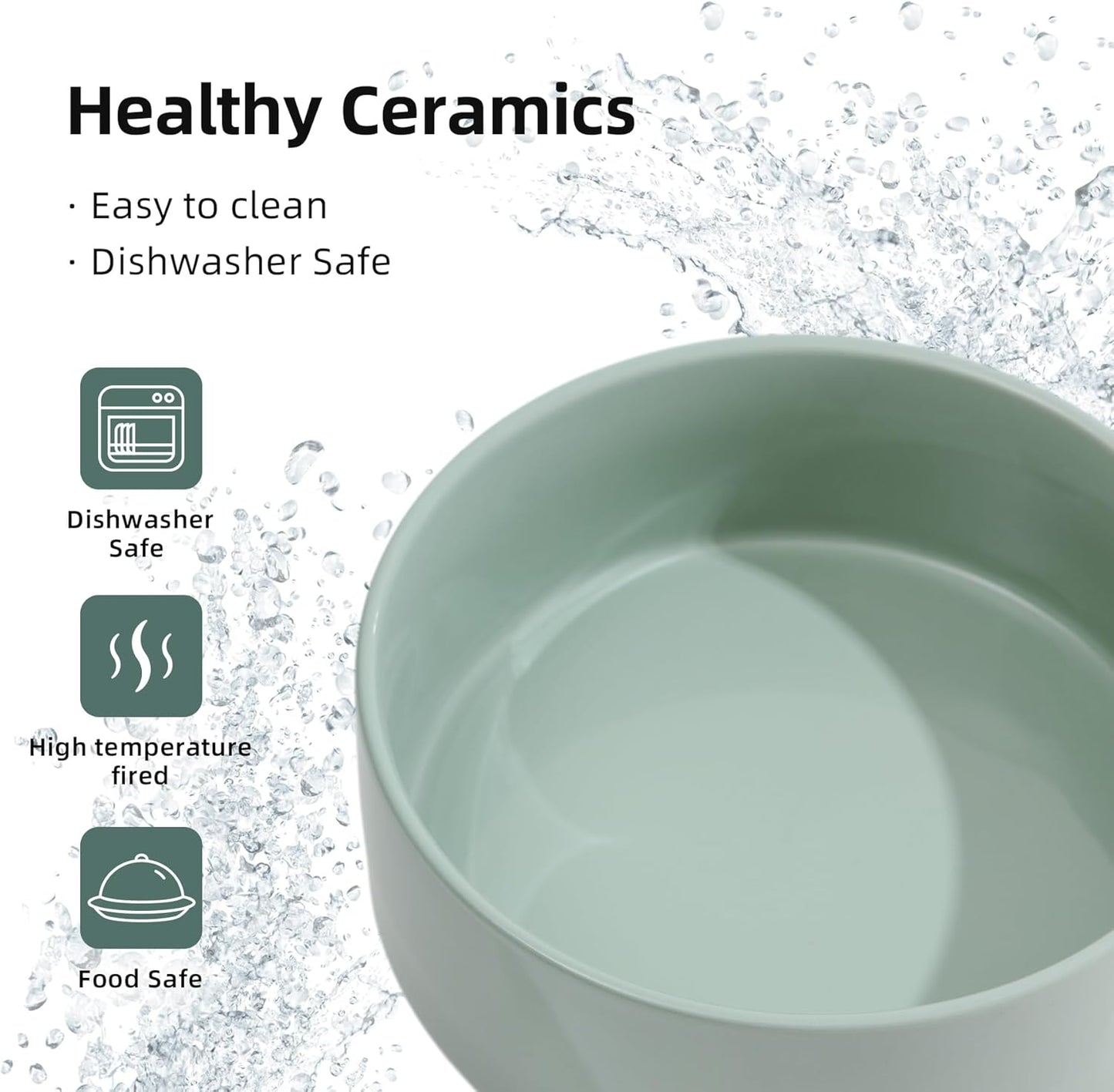 Ceramic Elevated Cat Food and Water Bowl, Kitty Bowl, Raised Cat Dish, Pet Feeder (5.1 in, 2 x Light Green + Stand)