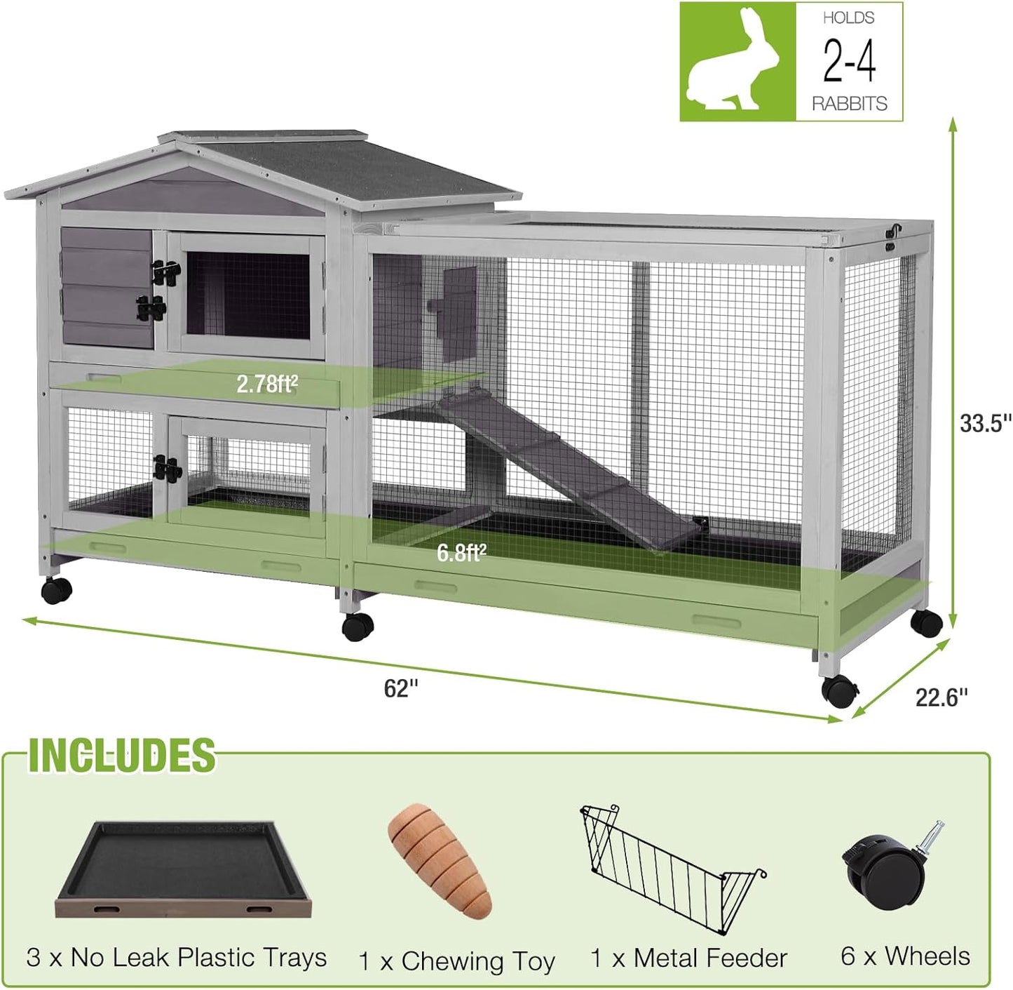 GUTINNEEN Rabbit Hutch Indoor with Chew-Proof Ramp, 62" L Wooden Rabbit Cage with 6 Casters, Bunny Cage with 2 Trays and 2 Story for Small to Medium Animals (Gray)