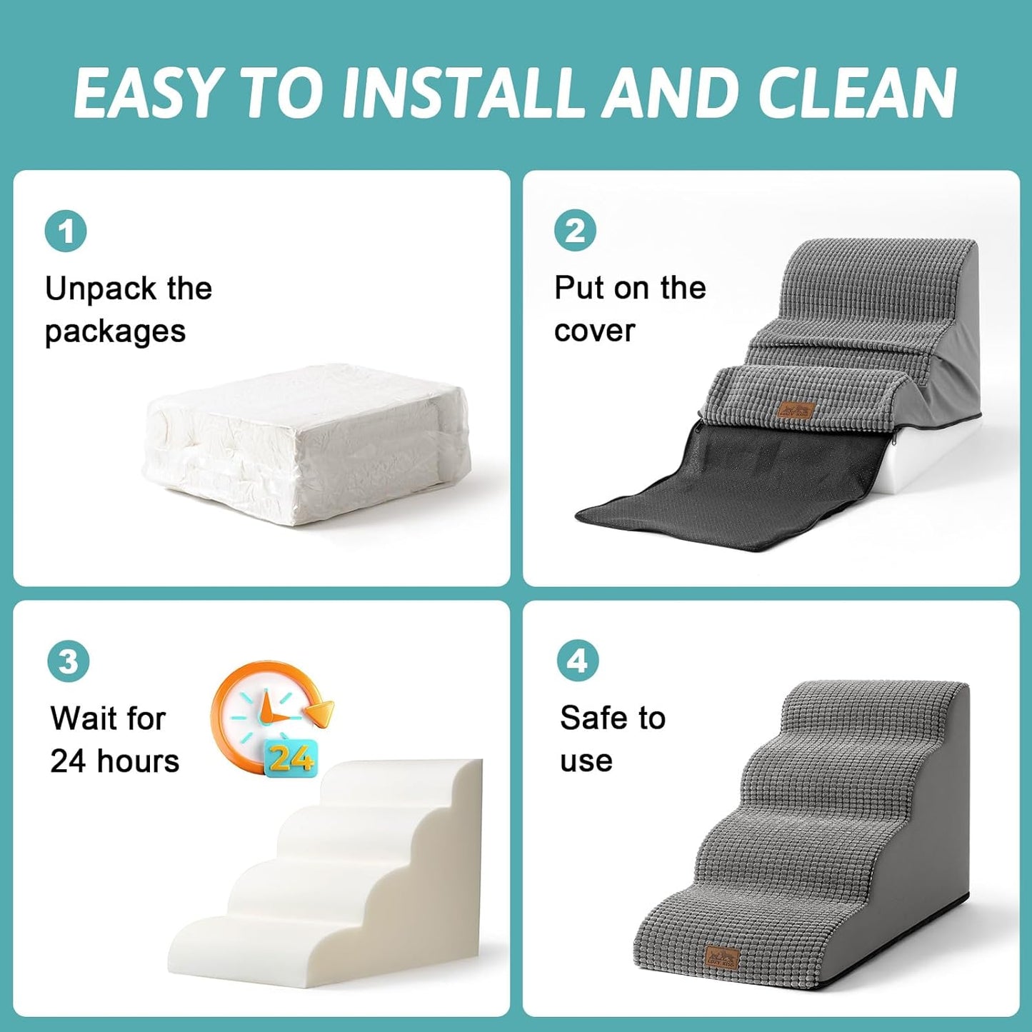 Dog Stairs for Small Dogs 19.7" H, Curved Dog Step for Puppy, Older or Cat, Medium Pet Ramp for Sofa, Couch or Bed, Ladder with High Density Foam, 15.7x28.3x19.7 inch, 4 Step, Light Grey