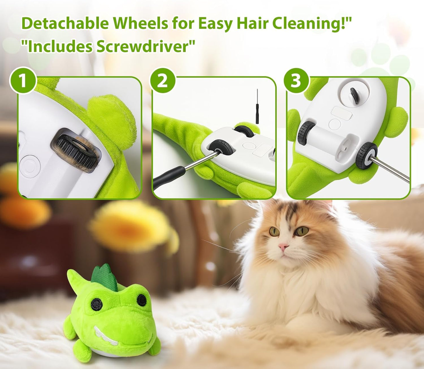 Interactive Cat Toys for Indoor Cats - Automatic Moving Cat Chase Toy for Bored Indoor Adult Cats - 360ยฐ Random Movement, Tail Wagging & Catnip Stimulation - Electric Croc(Short Plush)