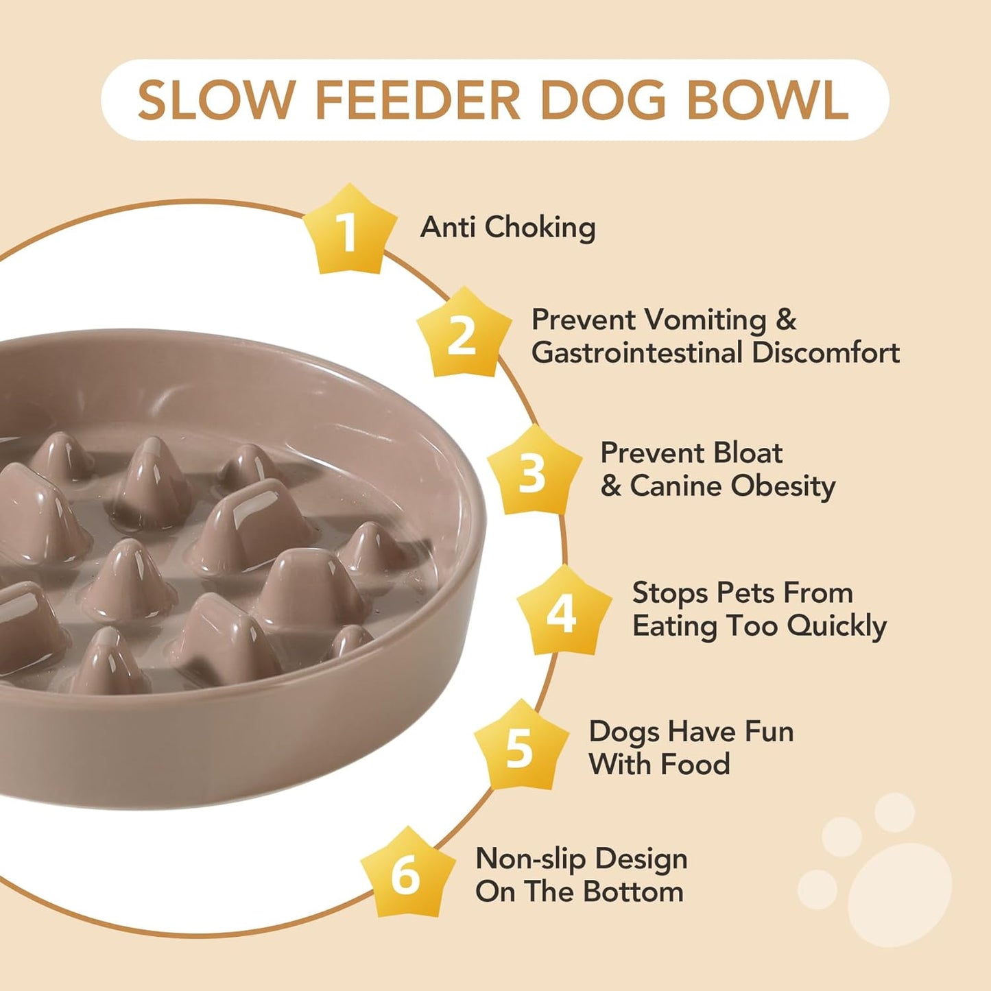 Ceramic 8.2 inch Dog Bowl Slow Feeder, Slow Pet Food Dish for Medium and Large Dog, Stop Bloat, Preventing Choking(Single Bowl, Brown Coffee)