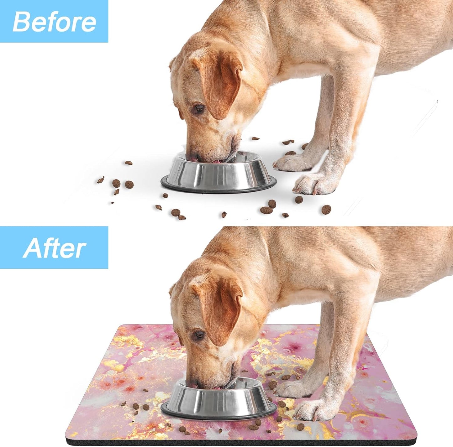 Rnivvi Dog Food Mat, 16" x 24" Absorbent Dog Cat Bowl Mat for Food and Water, Cute Anti-Slip Rubber Pet Feeding Rug Protect Floors, Puppy Placemat for Feeding & Watering Supplies, Pink Gold