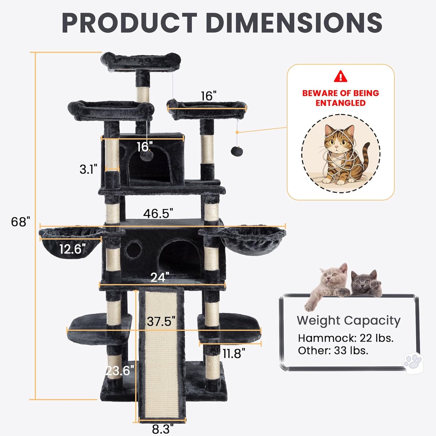 SHA CERLIN 68 Inches Multi-Level Large Cat Tree for Large Kitties/Big Cat Tower with Condo/Cozy Plush Pussycat Perches/Sisal Scratching Posts and Hammocks/Activity Center/Dark Grey