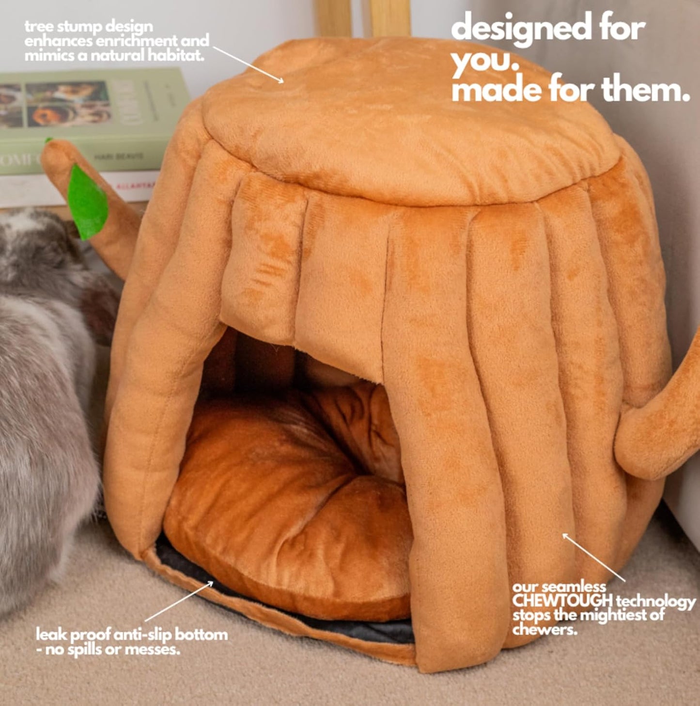 Hopp'dโข Guinea Pig Hideout & Bed โ 2-in-1 Washable Tree Stump House | Rat, Ferret, Hamster, Bunny Bed Hideout | Waterproof, Anti-Slip, Chew-Proof | Free Pillow | Small Animal Accessories (Large)