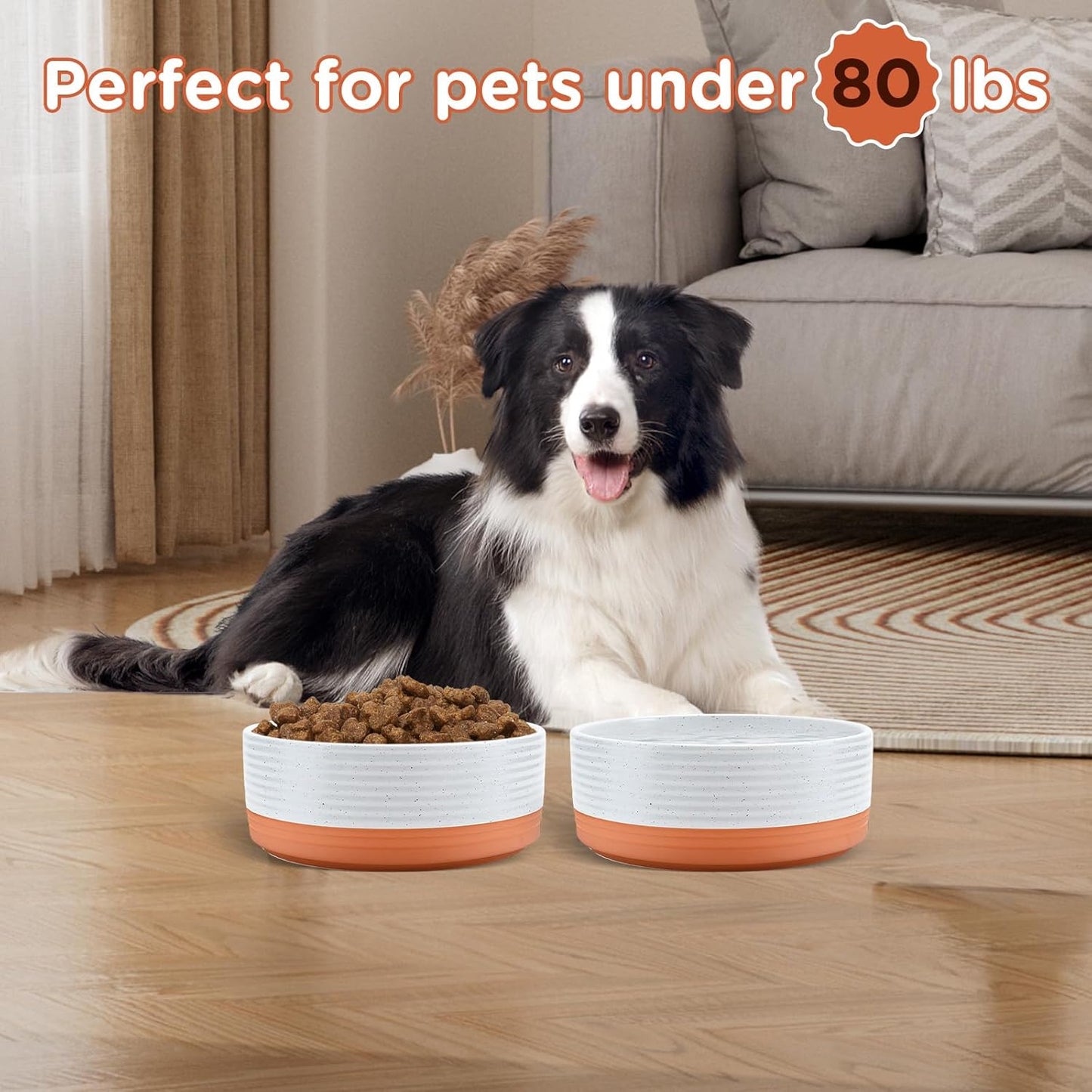 SPUNKYJUNKY Ceramic Dog Bowls 2 Pack, 7.3'' Dog Food Water Double Feeding Bowls Non-Slip for Medium to Large Sized Breed Microwave Dishwasher Safe - 42 OZ, 2pcs, Pattern White
