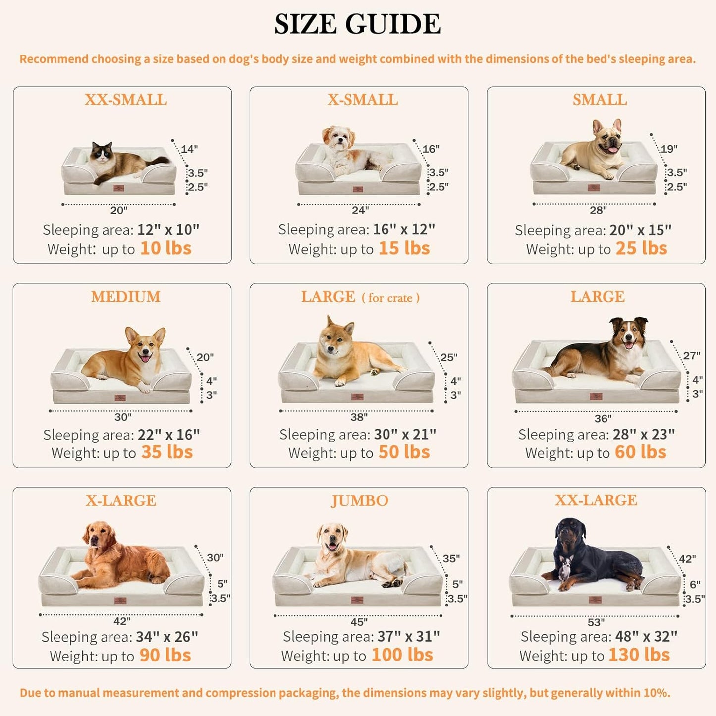 Comfort Expression Small Dog Beds Waterproof Cat Beds Orthopedic Foam Sofa Beds for Small Dogs Comfy Pet Bed with Washable Removable Cover & Non-Slip Bottom(XX-Small,Beige)