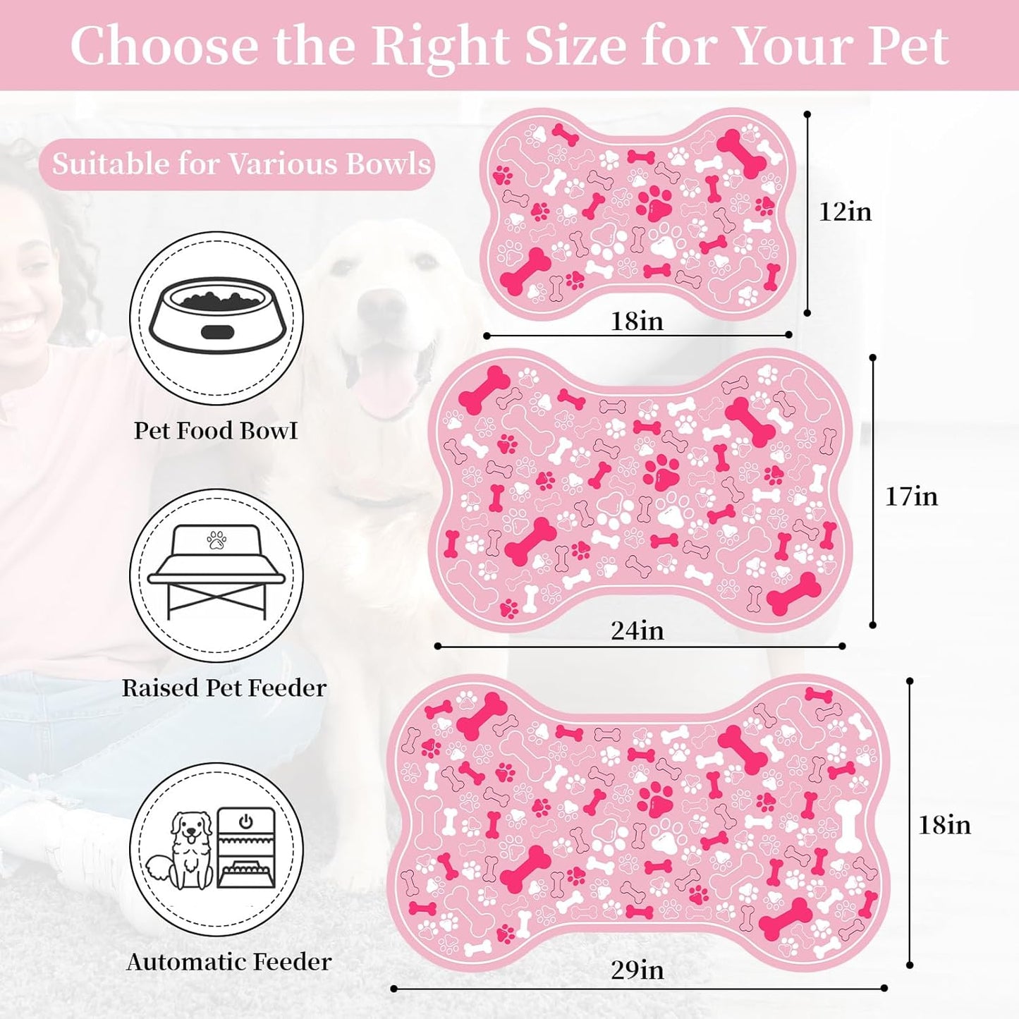 Dog & Cat Food Mat Bone Shaped Pet Feeding Mat Quick Absorb Water Bowl Placemat with Rubber Backing Indoor Floor Stain Resistant Pet Accessory Supplies (Light Pink Small, 12x18 Inches)