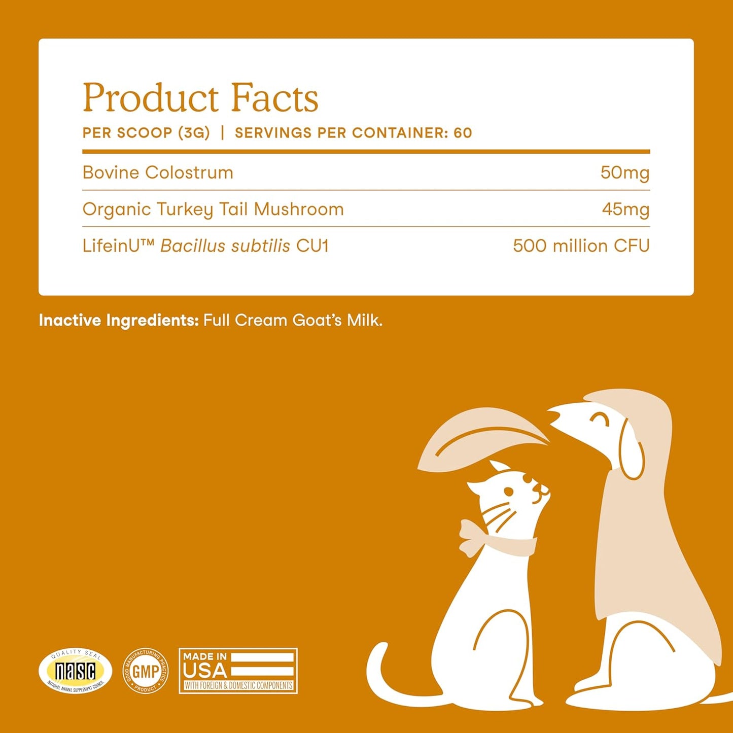 Fera Pets Immune Goat Milk for Dogs & Cats with Colostrum, Organic Turkey Tail Mushroom, & Probiotics - Improves Immune Response - for Picky Eaters - Powder - 60 TSP