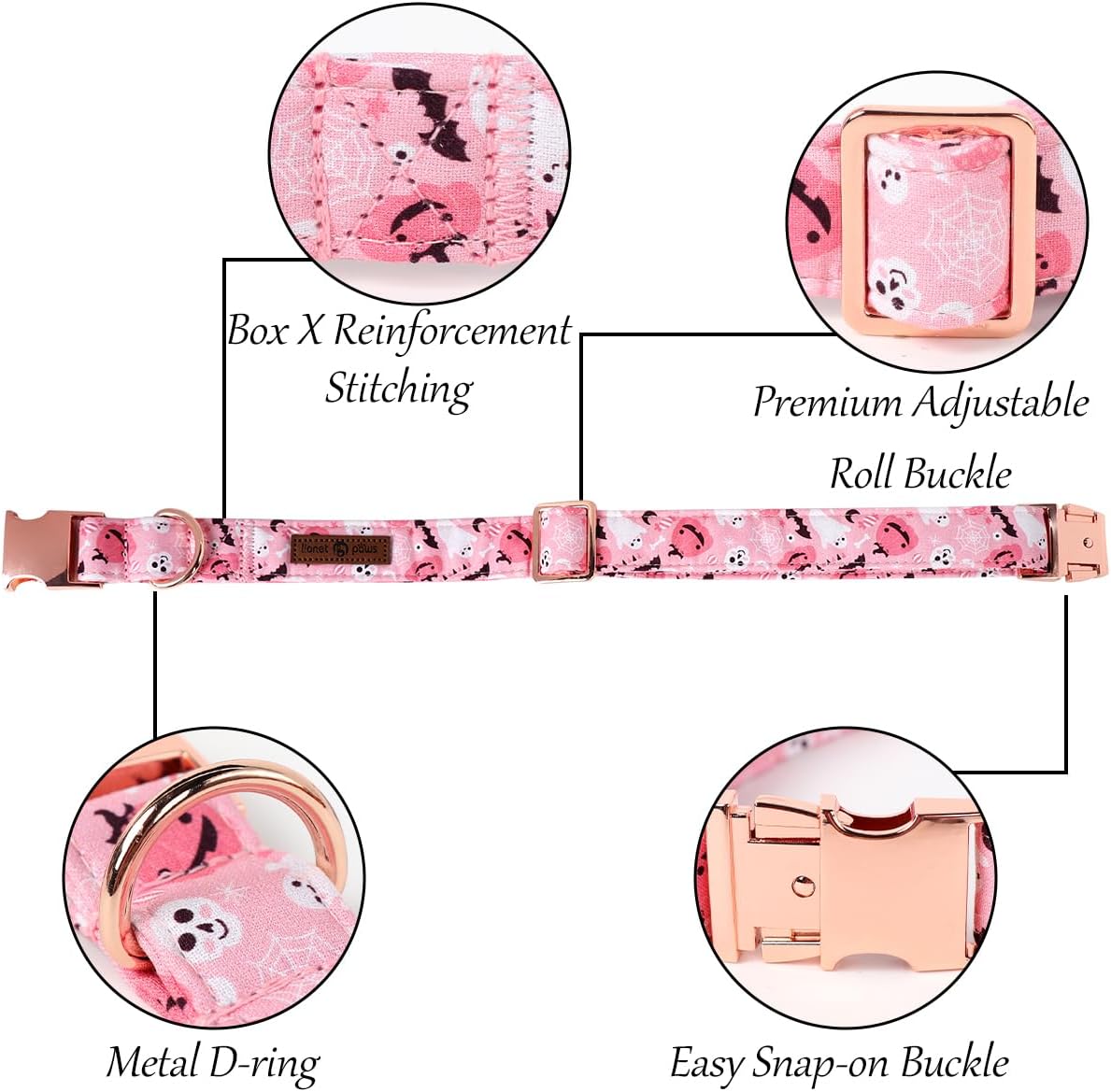 Lionet Paws Halloween Dog Collar with Flower, Cute Fall Pink Adjustable Cotton Pumpkin Ghost Pet Collar for Small Dogs