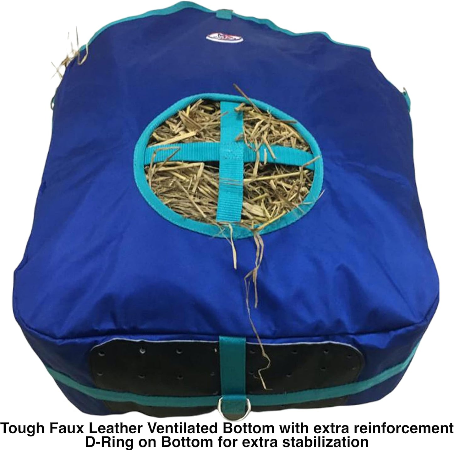 Majestic Ally Nylon Hay Feeder Tote Bag for Horse, Goat, Sheep - Double Sides Open Feed Hole with Faux Leather Ventilated Bottom- Premium Quality -Simulates Grazing - Reduces Waste (Royal Blue)