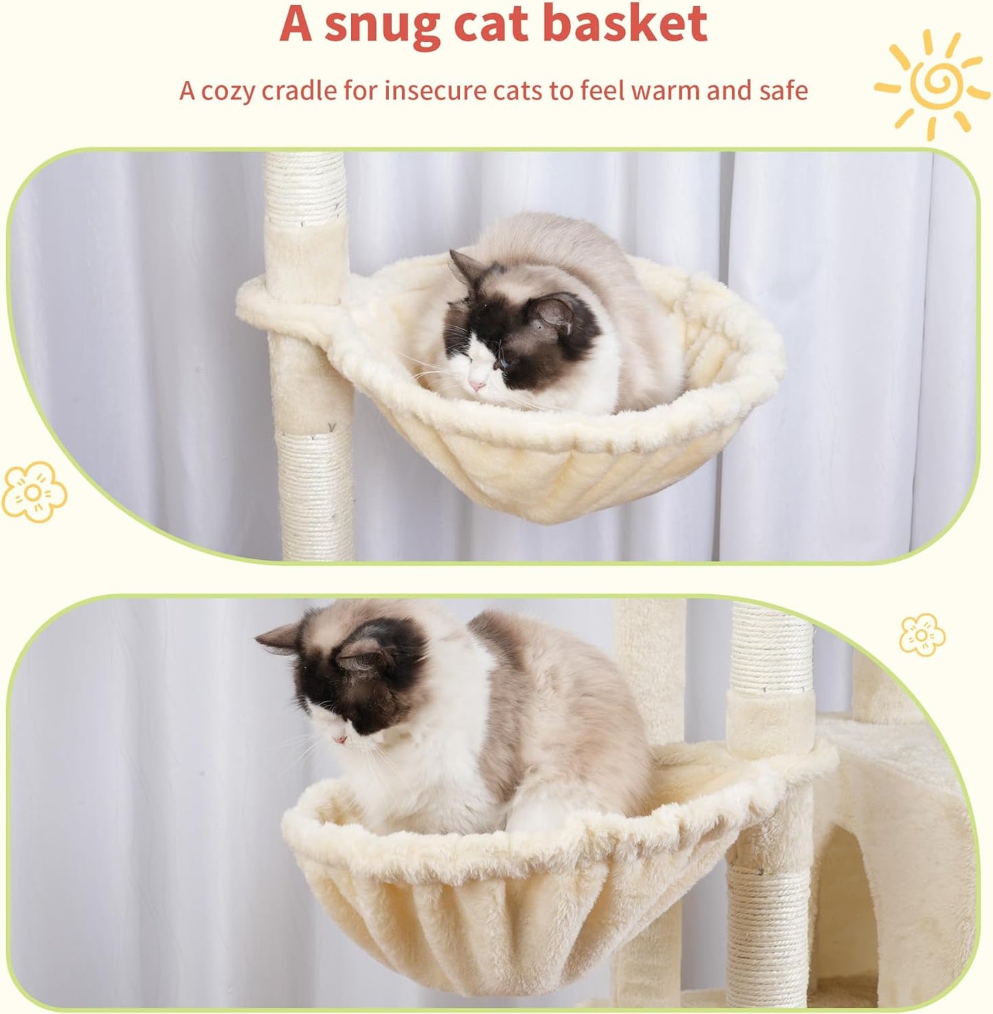 Hey-brother Cat Tree Tower, Scratching Posts with a Extended Part, Wide Platforms, Cozy Condos, Hammocks, Sisal Columns and Ball for Indoor Cats, 70.1 Inches, Beige MPJ038M