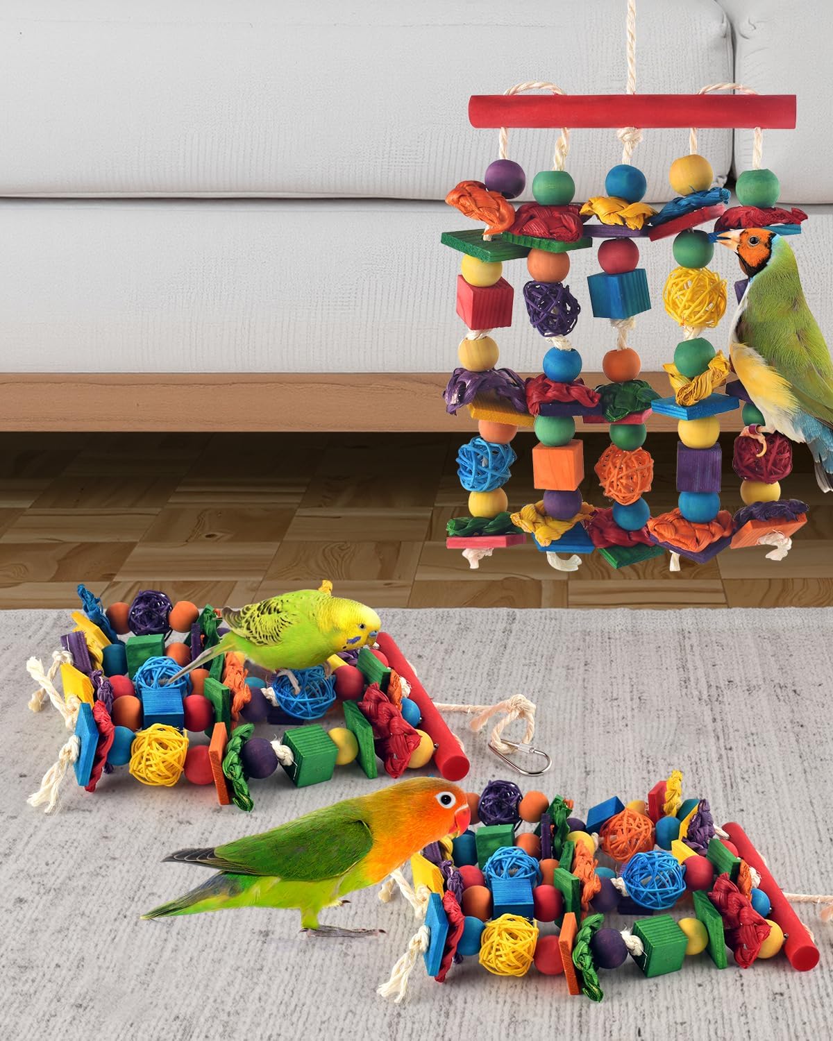 Bird Toys, 3PCS Parrot Foraging Hanging Toy, Multicolored Natural Wooden Blocks Parakeet Chewing Toys mit Rattan Wicker Balls, for Medium Small Cockatoos Budgie Lovebird Cockatiel Conure