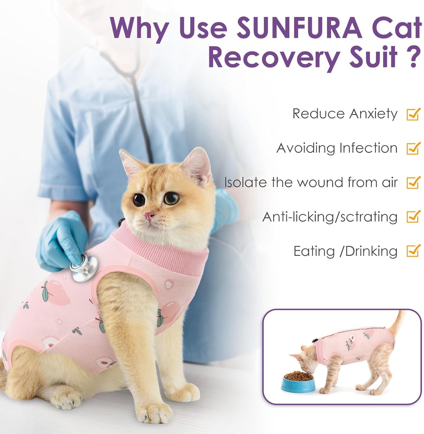 SUNFURA Cat Recovery Suit, Kitten Surgical Full Bodysuit for Abdominal Wound Protector Anti Licking After Surgery, Professional Bandages Cone E-Collar Alternative for Small Male & Female Pets