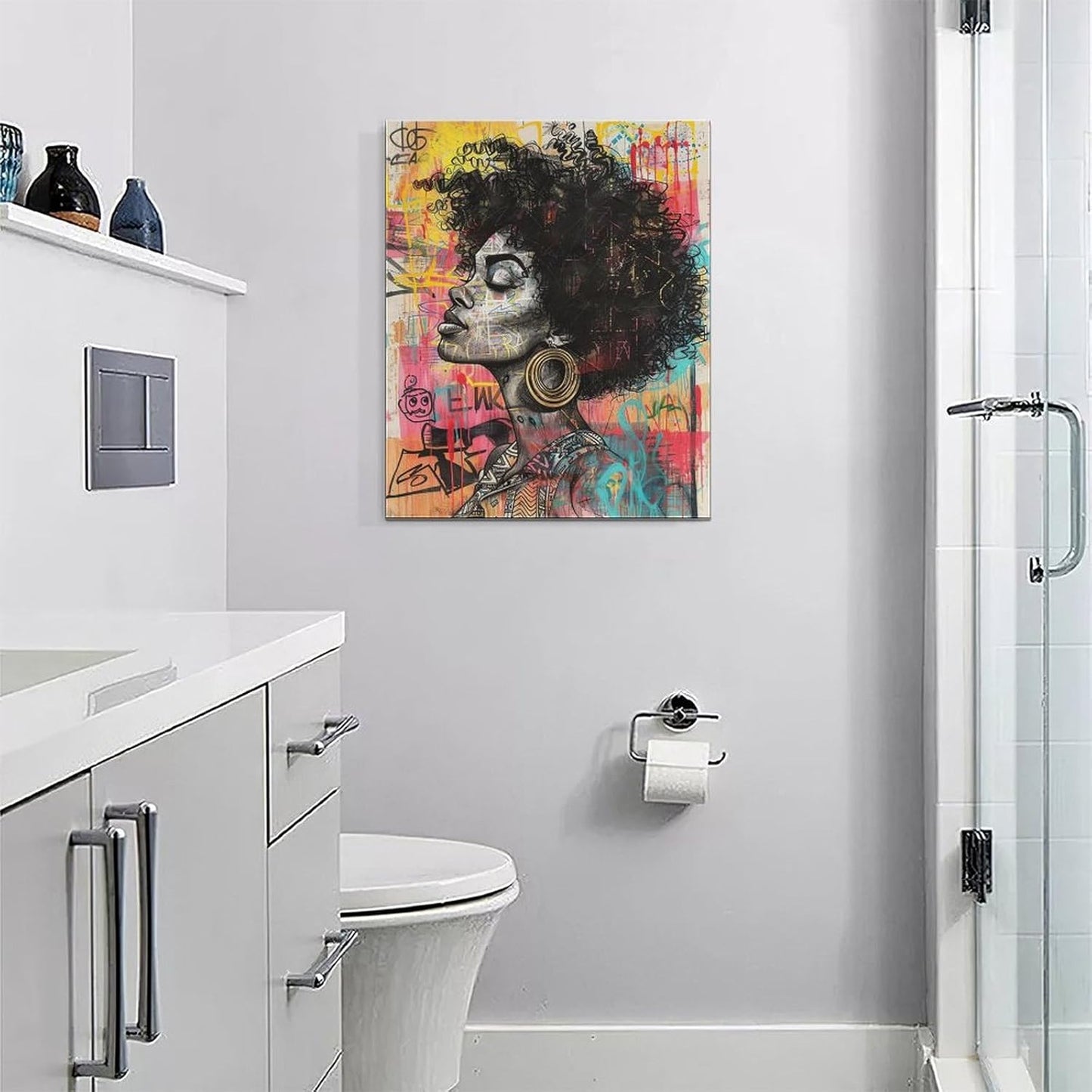 Quorin African American Wall Art Banksy Graffiti Black Woman Pictures Black Girl Wall Decor Canvas Print Painting Artwork for Bathroom Living Room Bedroom 16"x20"