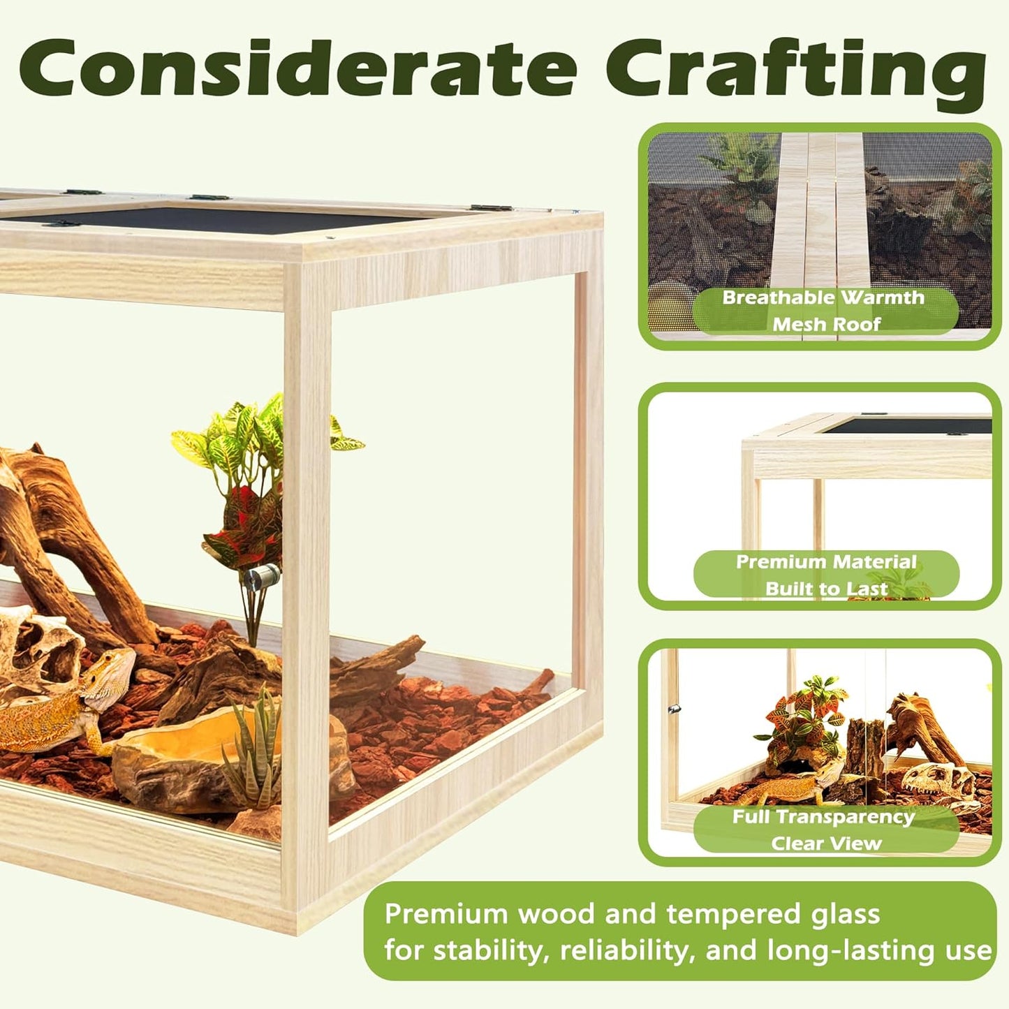 Prolee Tempered Glass Bearded Dragon Tank 63 Gallon, Lizard Tank, Reptile Tank with Metal Mesh Roof Door, Snake Tank with Lock Design, 40" Long, Oak