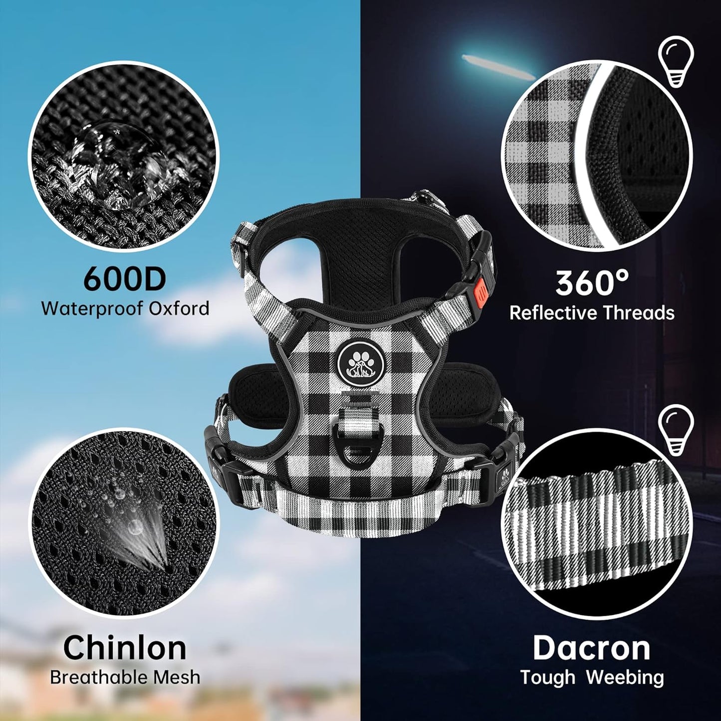 NESTROAD No Pull Dog Harness with Leash, Reflective No Choke Pet Vest Harness,Adjustable Soft Padded Dog Harness with Easy Control Handle for Large Dogs(Checkered Black,Large)