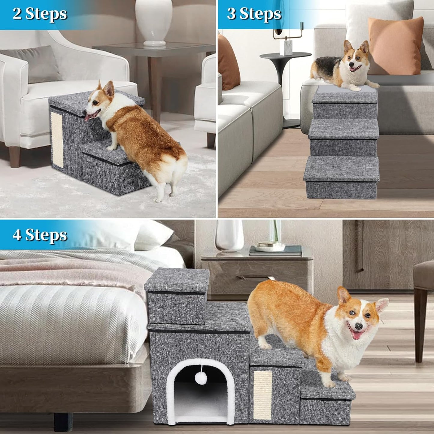 Dog Stairs for Bed and Couch 23โH, Foldable Dog Stairs for Small Older Dogs, 4 in 1 Adjustable Pet Cat Steps Ramps with Storage, Condo, Cat Scratcher, Hold Up to 180LBS, 4 Steps