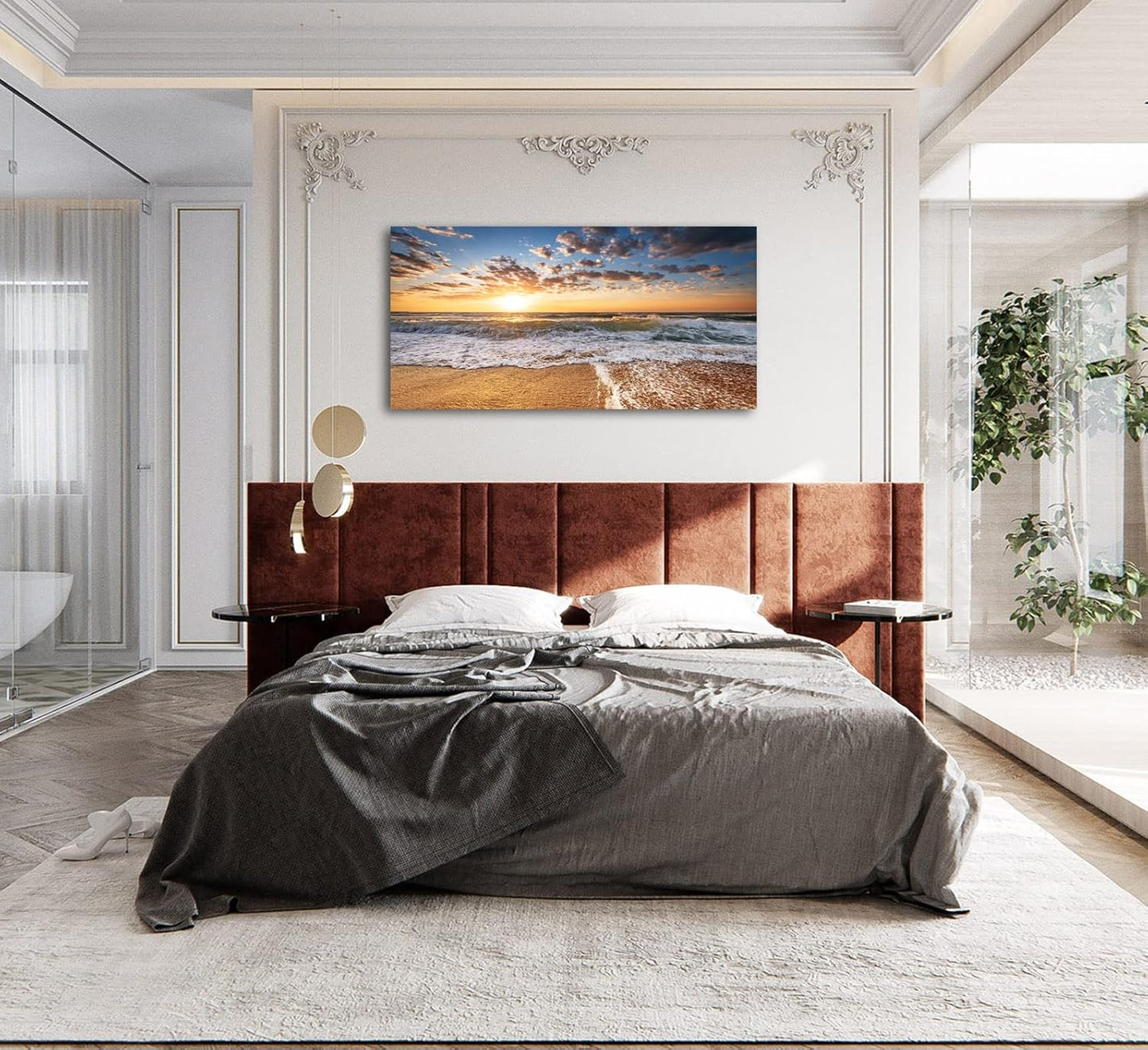 Jiuqinghua Wall Art Decor Large Canvas Print Picture Sunrise over the Sea 1 Panel Ocean Beach Waves Scenery Painting Artwork for Office Wall Decor Home Decoration Stretched and Framed Ready to Hang