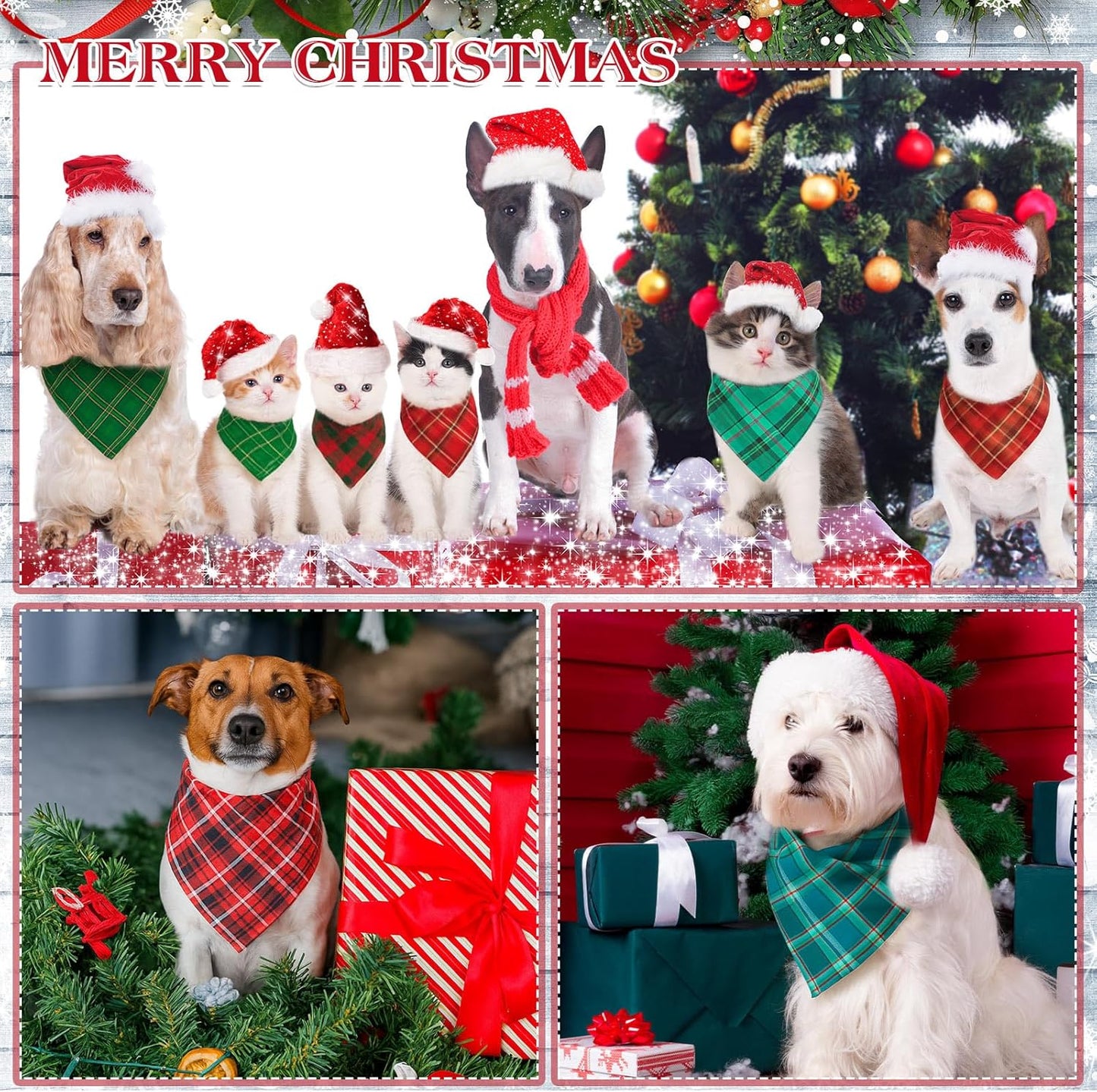 Abbylike 100 Pcs Christmas Dog Bandanas Bulk Red and Green Buffalo Plaid Xmas Bandanas for Dogs Triangle Kerchief Bibs Scarf Set with Christmas Patterns for Pets Costume Photo Props Accessories