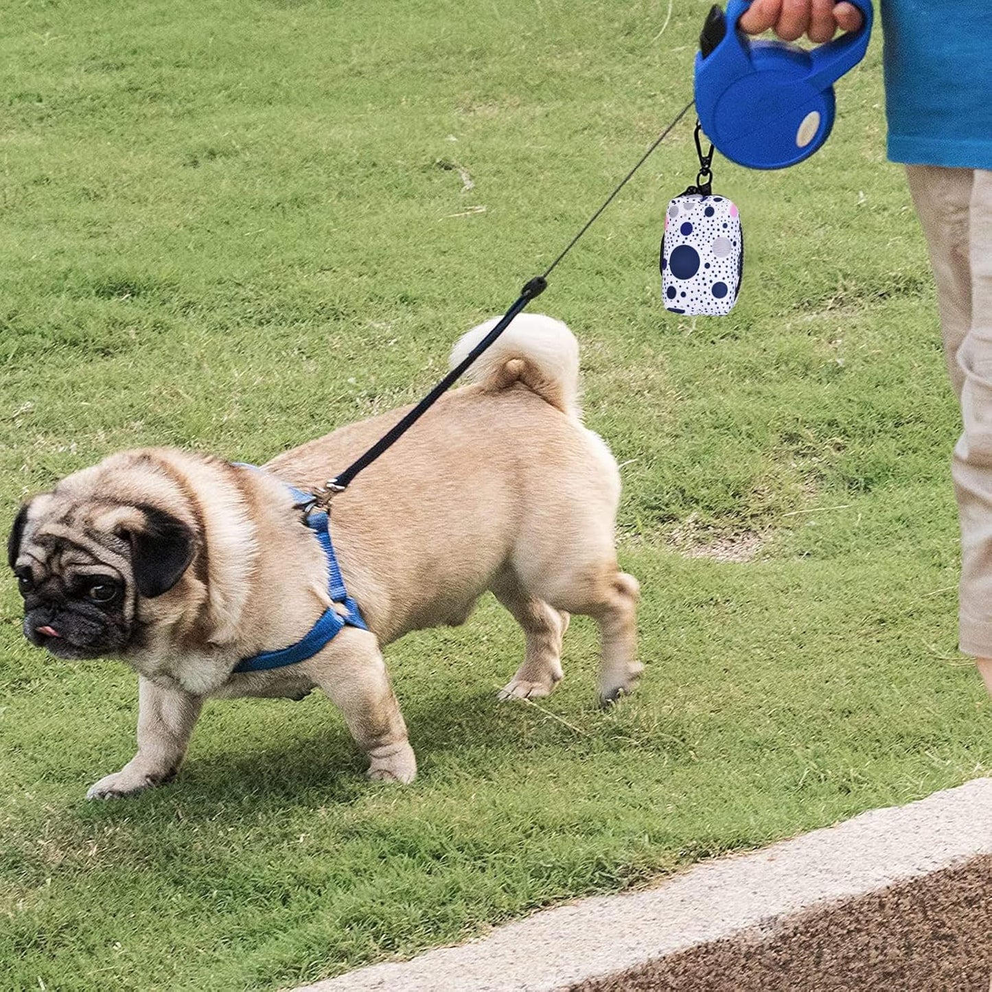Petmolico Dog Poop Bag Holder Leash Attachment, Dog Waste Bag Dispenser Zippered Pouch, Fits Any Dog Leash, Includes Free Roll of Dog Bags, Poop Bag Dispenser - 2 Pack, Blue Dots