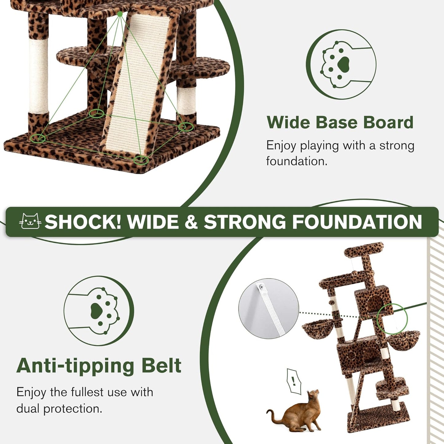 MUTICOR 66 Inches Multi-Level Large Cat Tree Tower for Indoor Big Feline/Cozy Plush Perches/Condo/Sisal Scratching Posts/Hammock and Baskets/Activity Center Play House/Wide Base/Leopard Print