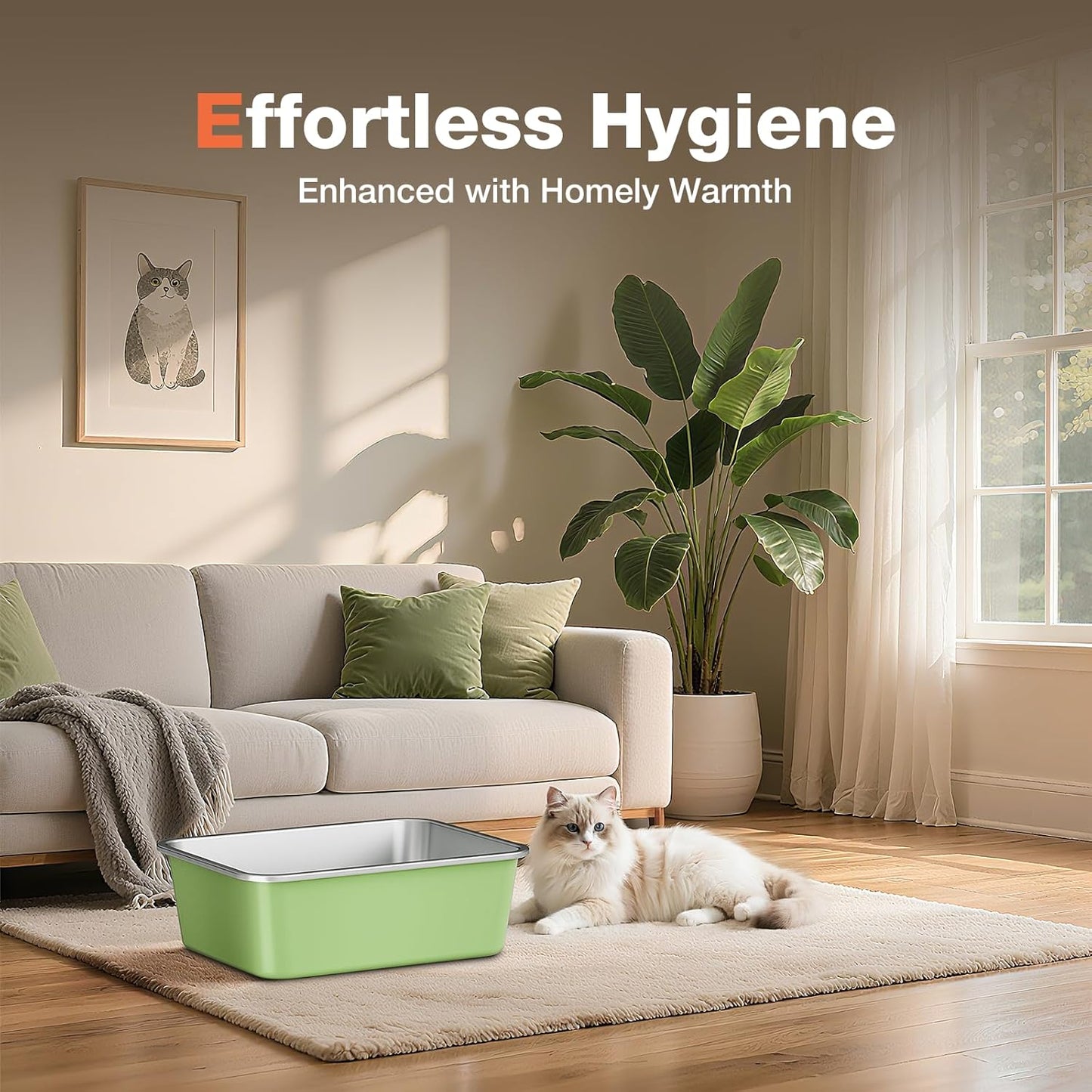 Stainless Steel Litter Box, Large Metal Cat Litter Box with High Sided for Big and Small Cats, Non-Stick, Easy to Clean, Odor-Free, 23.4" L×15.6" W×5.9" H, Leaf Green