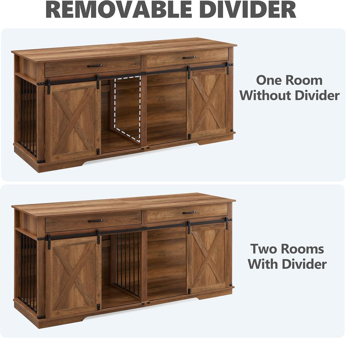 72.5" Extra Large Furniture Style Double Dog Crates for Large Breeds, XXL Wooden Dog Kennel Furniture with Drawers, Divider, Water Resistant & Barn Door for 2 Dogs, Rustic Oak