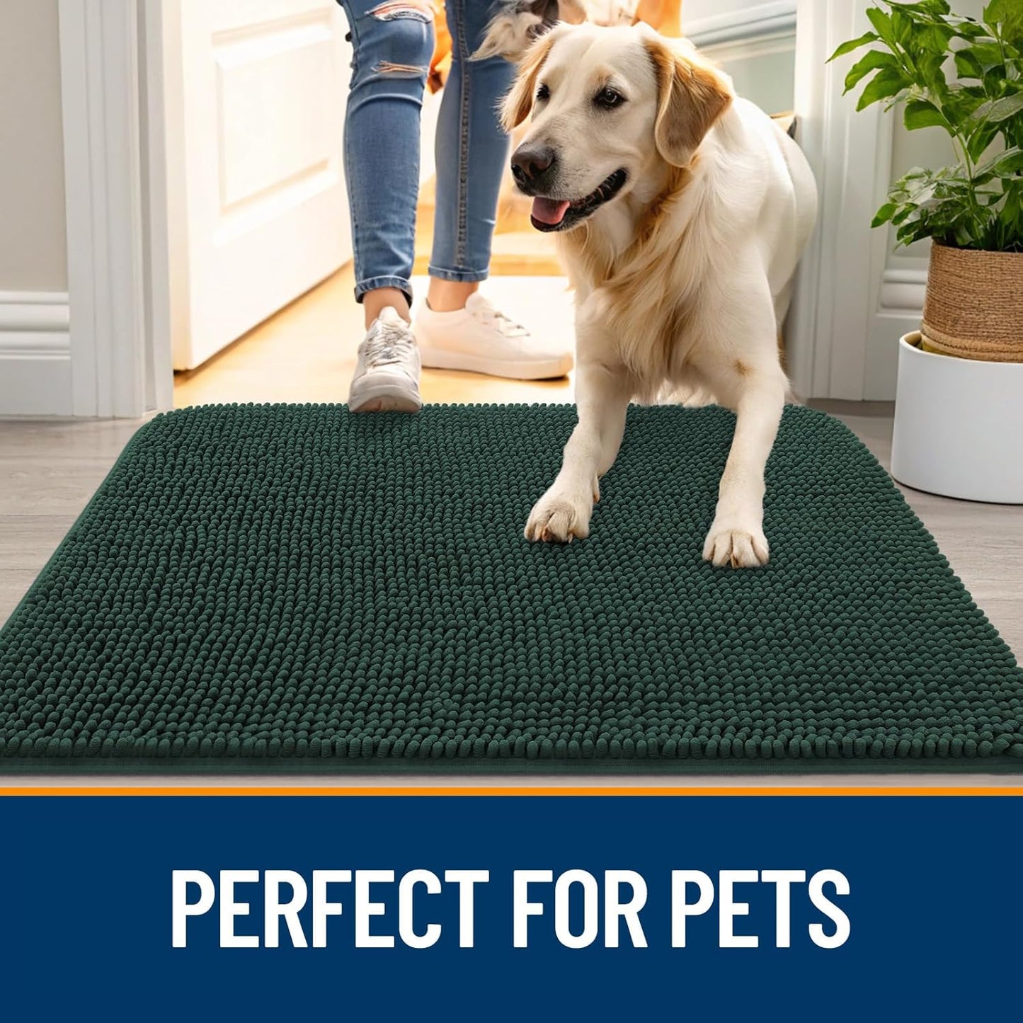 OLANLY Dog Door Mat for Muddy Paws 48x30, Absorbs Moisture and Dirt, Absorbent Non-Slip Washable Doormat, Quick Dry Chenille Mud Mat, Entry Indoor Entryway Carpet for Inside Floor, Blackish Green