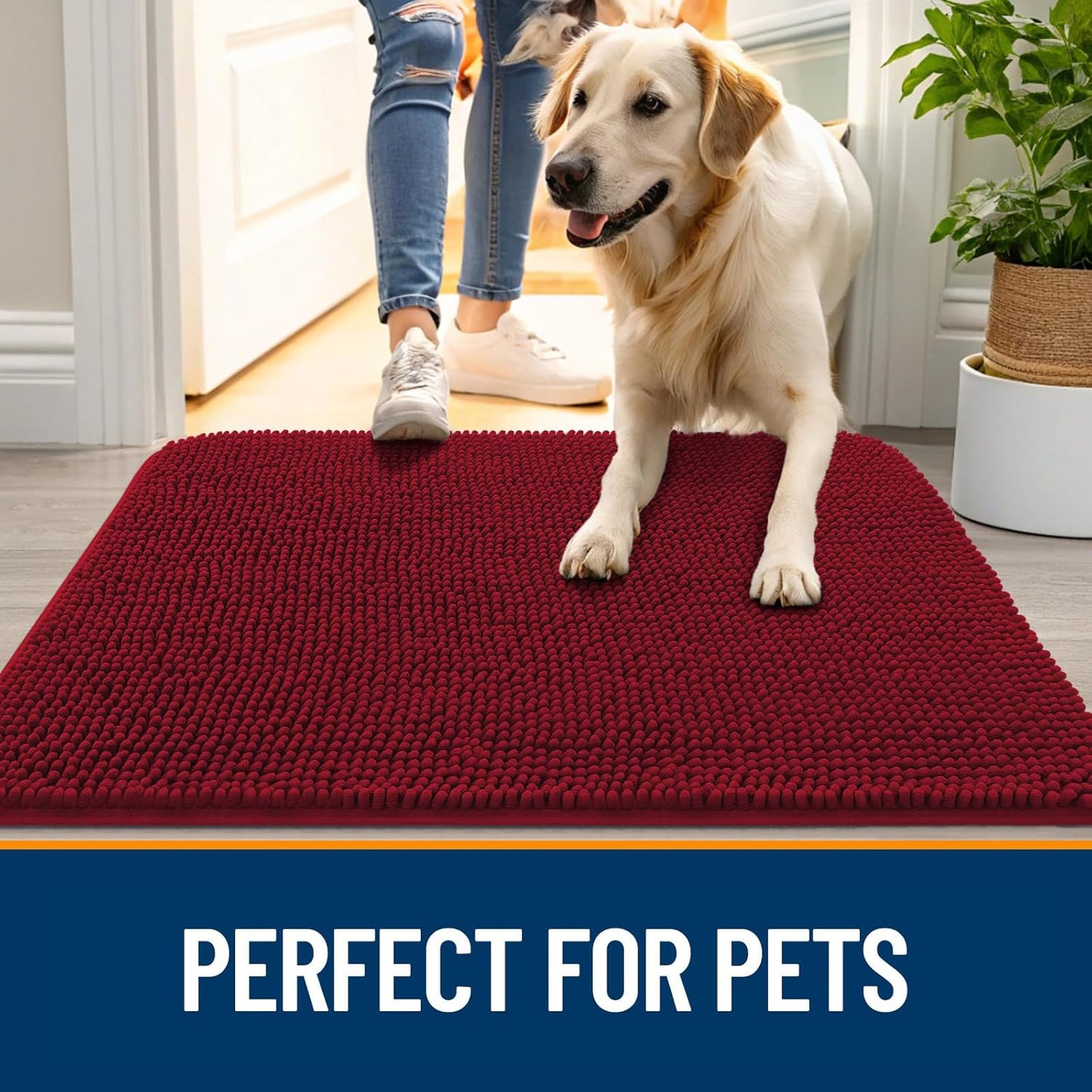 OLANLY Dog Door Mat for Muddy Paws 30x17, Absorbs Moisture and Dirt, Absorbent Non-Slip Washable Doormat, Quick Dry Chenille Mud Mat for Dogs, Entry Indoor Entryway Carpet for Inside Floor, Red
