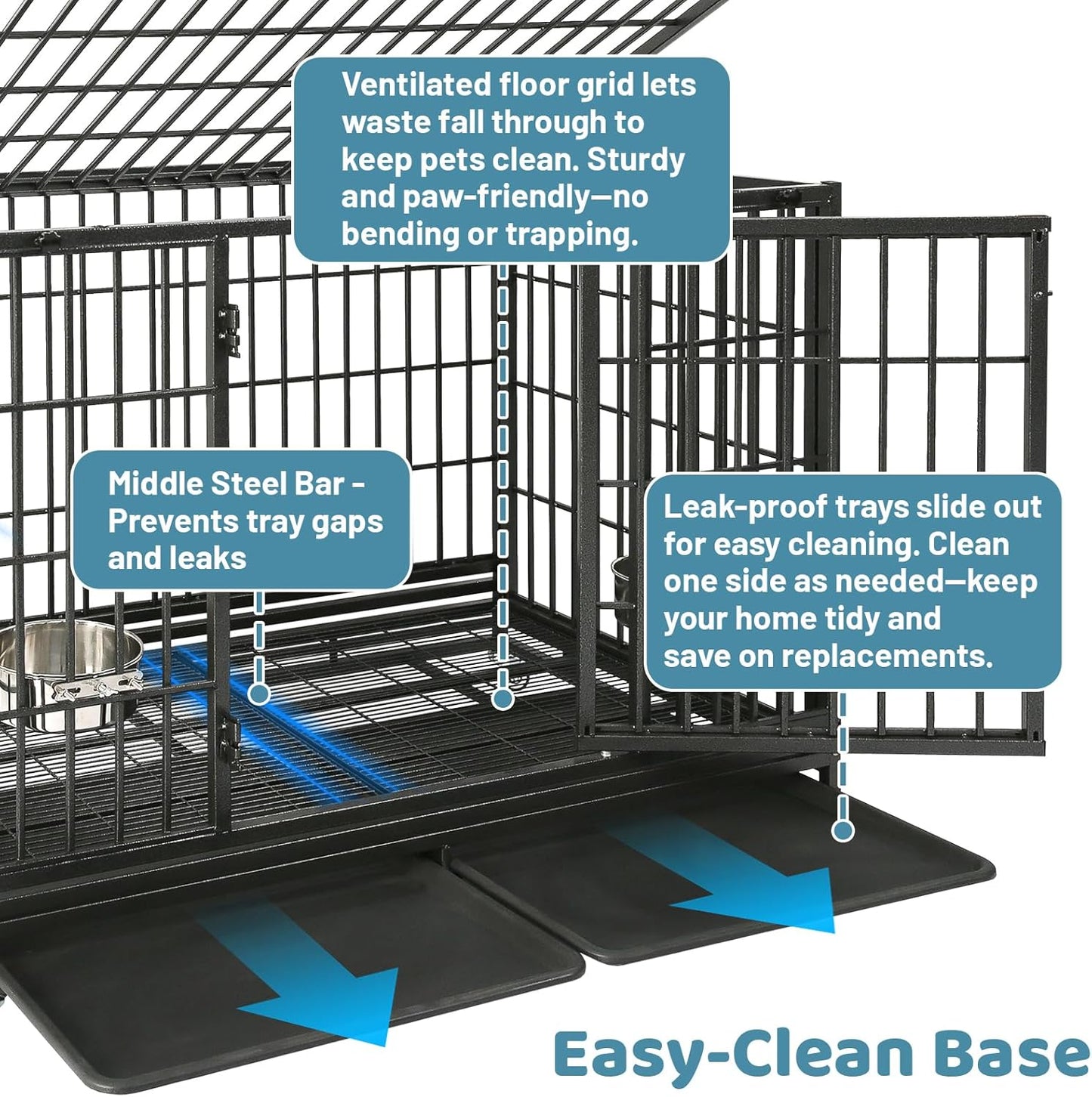 48 Inch Heavy Duty Large Dog Crate, Stackable Indestructible Big Cage for High Anxiety Dogs, Foldable Escape Proof XL Dog Kennel Indoor with Adjustable Bowls, Wheels and Double Trays(2 Pack)