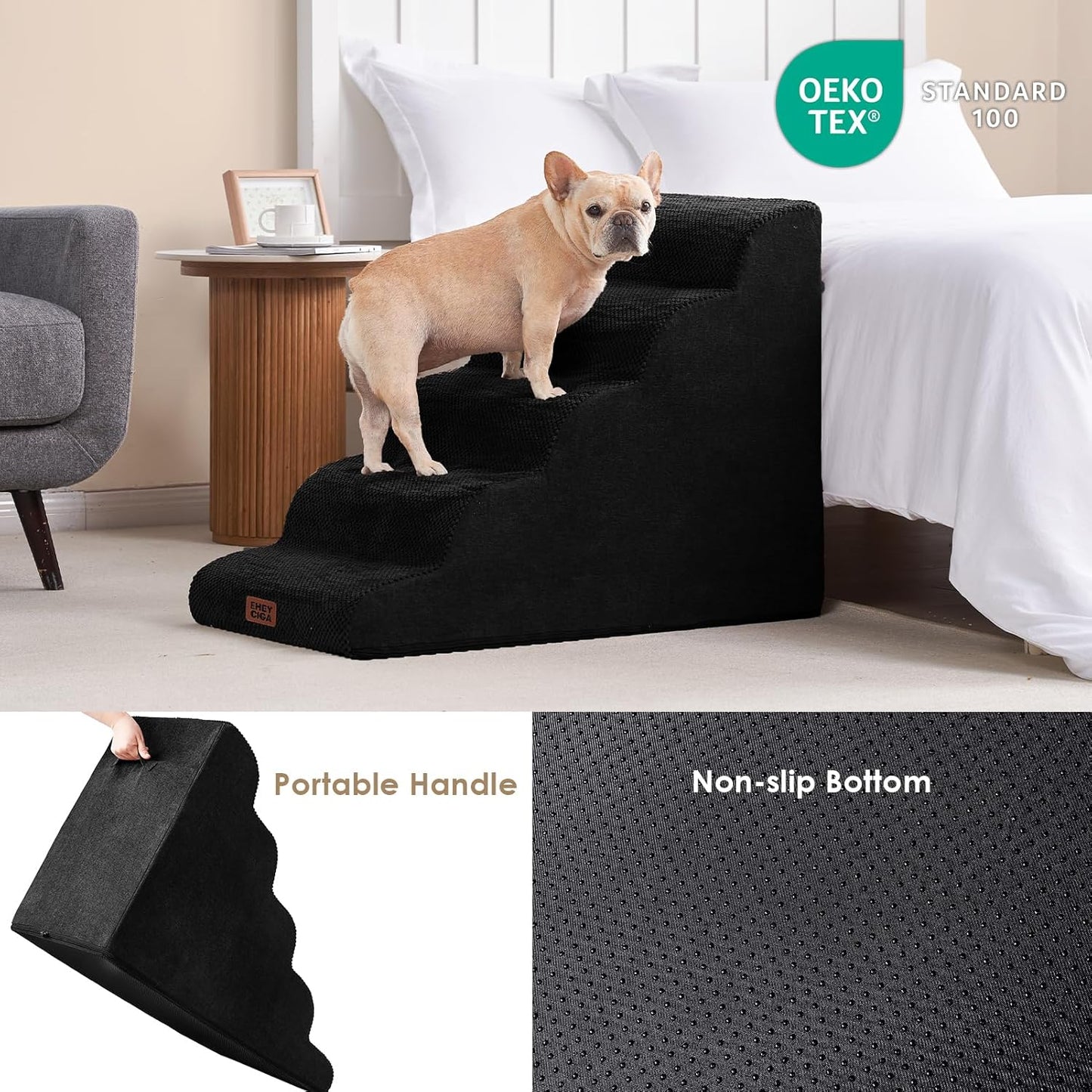 EHEYCIGA Curved Dog Stairs Ramp for High Beds, 5-Step Extra Wide Dog Steps for Small Dogs and Cats, Pet Stairs for High Bed Climbing, Non-Slip Balanced Pet Step Indoor, Black