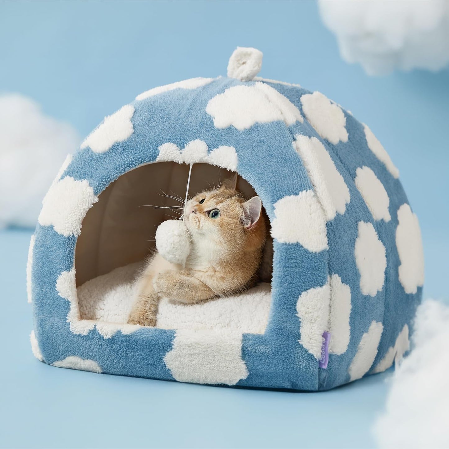 Lesure Cute Cat Beds for Indoor Cats - 2 in 1 Cat Cave Bed for Kittens and Small Pets with Removable Washable Cushioned Pillow, Cozy Kitten Tent with Non-Slip Bottom, Blue, 16 inches