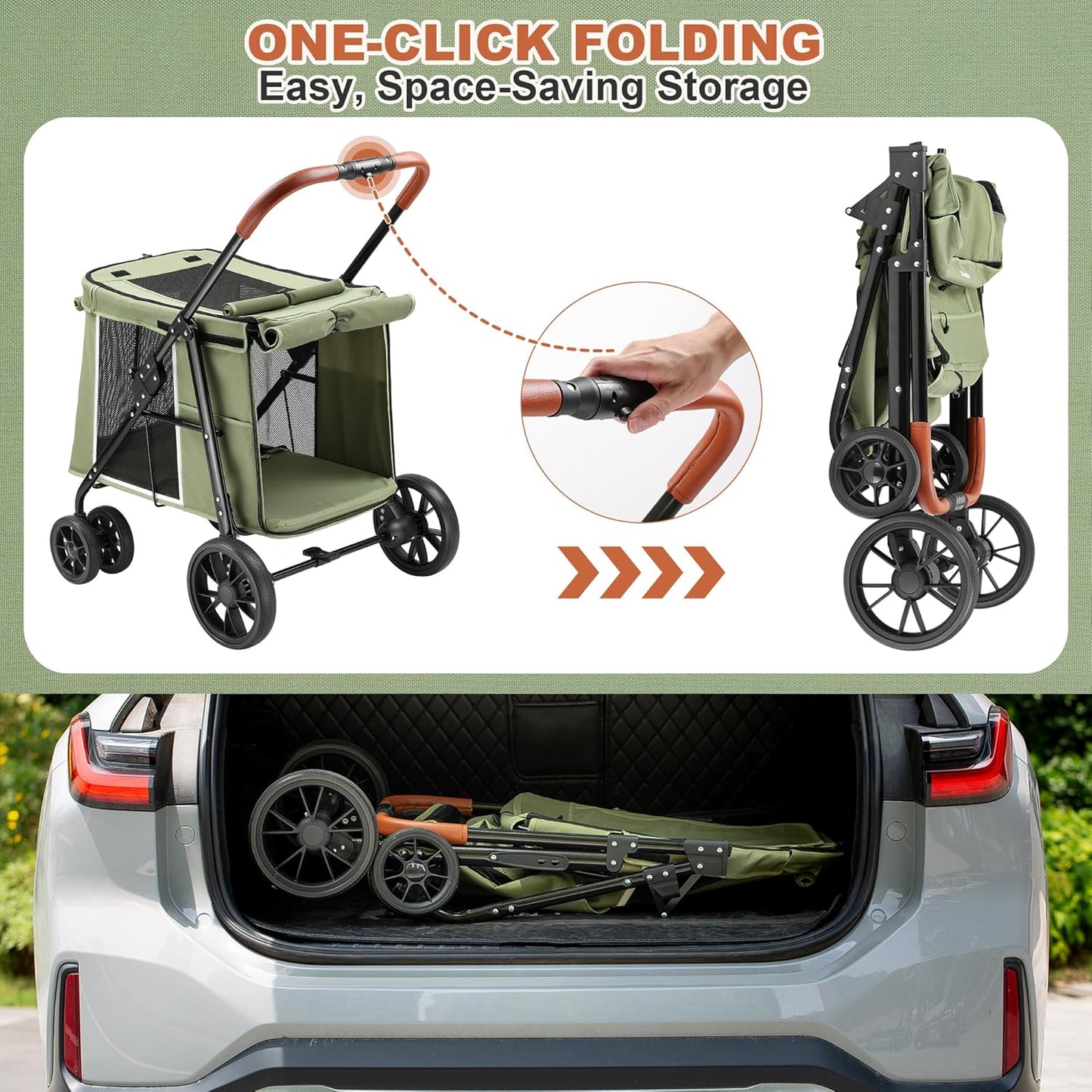 Medium Dog Stroller, Dual Entry One-Touch Folding,Small and Medium Pet Stroller,360° Rotating Front Wheels,70 lbs Weight Capacity for Outdoor Travel and Elderly Dogs - Green