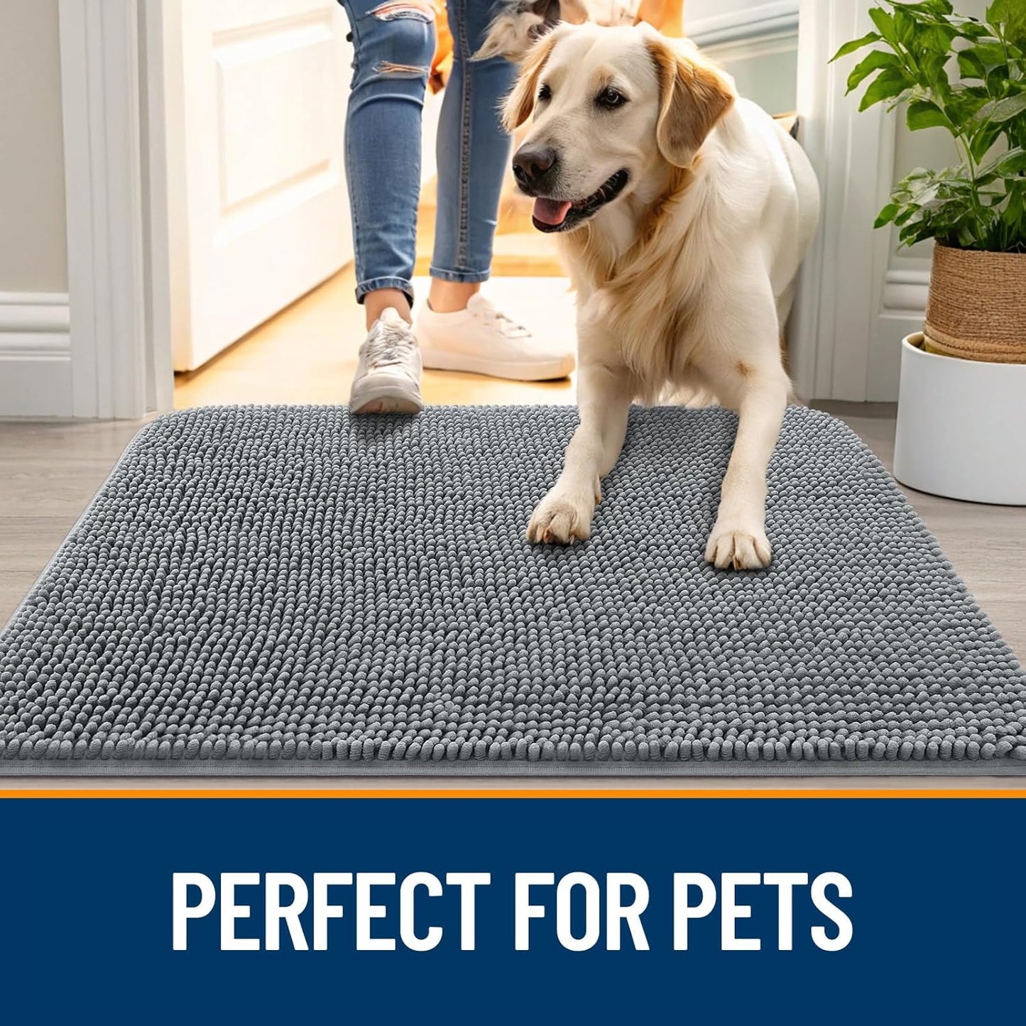OLANLY Dog Door Mat for Muddy Paws 36x24, Absorbs Moisture and Dirt, Absorbent Non-Slip Washable Doormat, Quick Dry Chenille Mud Mat for Dogs, Entry Indoor Entryway Carpet for Inside Floor, Grey
