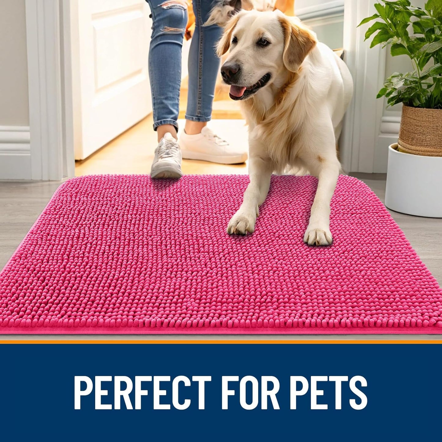 OLANLY Dog Door Mat for Muddy Paws 44x32, Absorbs Moisture and Dirt, Absorbent Non-Slip Washable Doormat, Quick Dry Chenille Mud Mat for Dogs, Entry Indoor Entryway Carpet for Inside Floor, Hot Pink