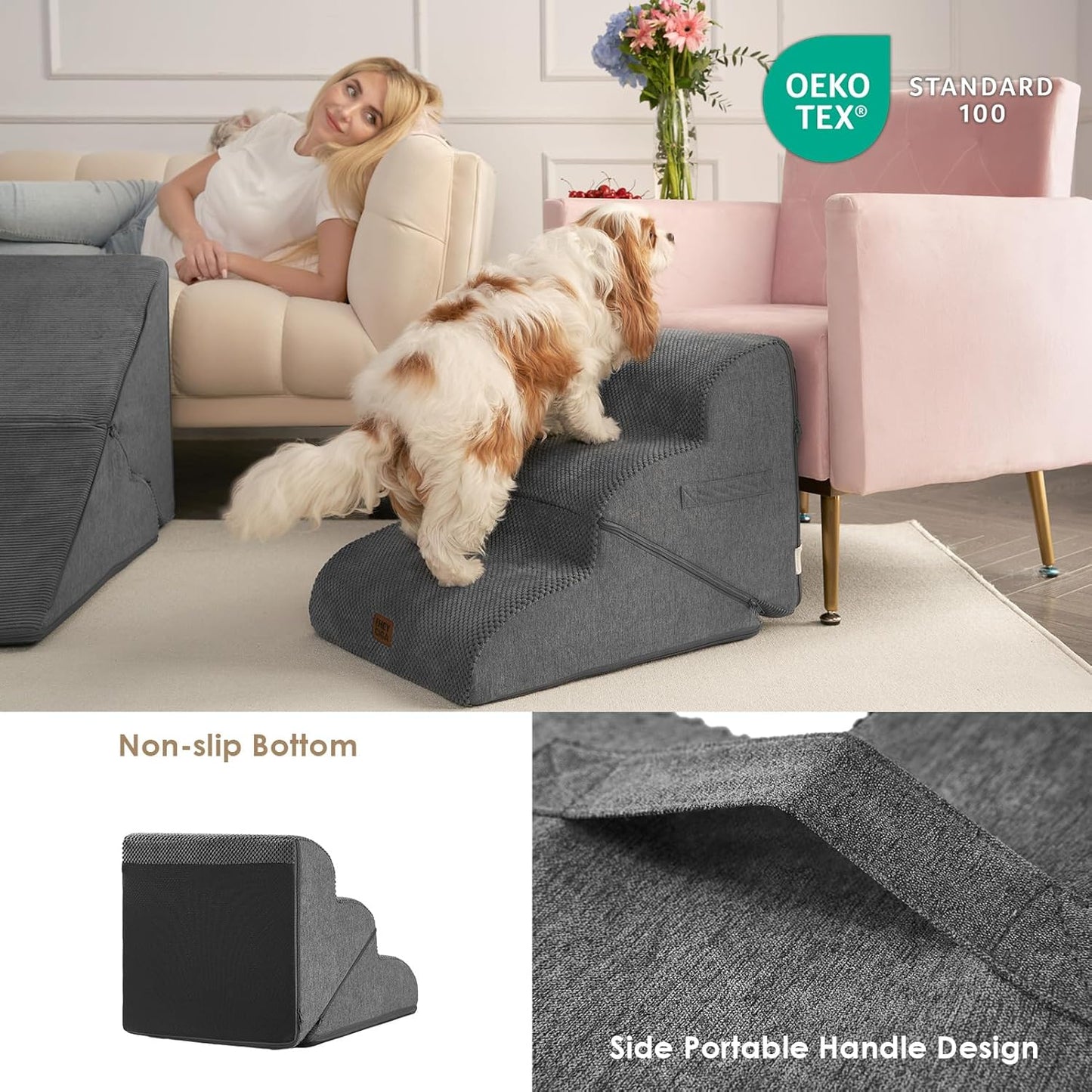 EHEYCIGA Curved Foldable Dog Stairs Ramp for Small Dogs 16" H, 3-Step Dog Steps for Couch Sofa and Chair, Pet Stairs for Cats, Non-Slip Balanced Pet Steps Indoor, Grey