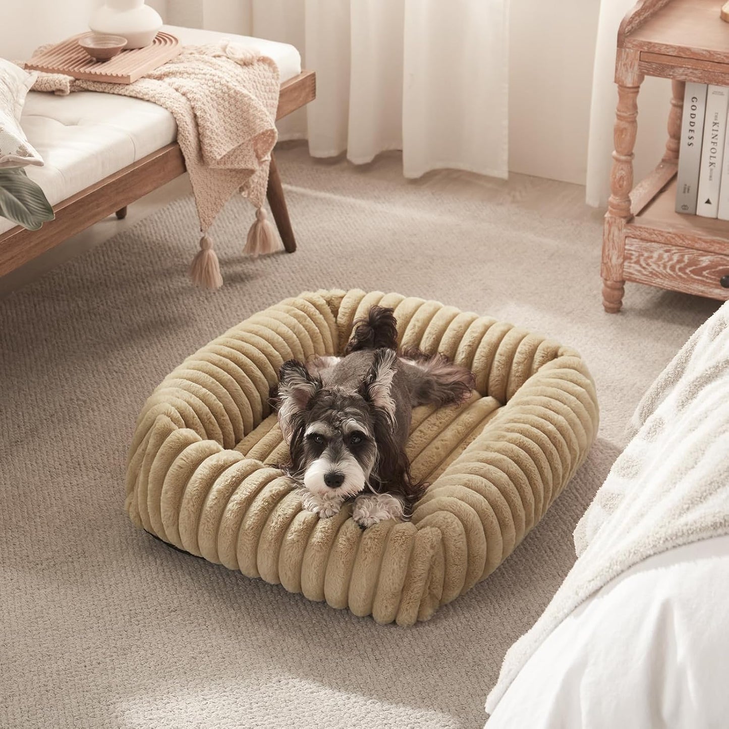 Dog Beds for Small Dogs, Washable Orthopedic Dog Bed with Removable Cover, Rectangle Soft Calming Sleeping Puppy Bed Durable Pet Cuddler with Anti-Slip Bottom, 20"x19"x6" Beige