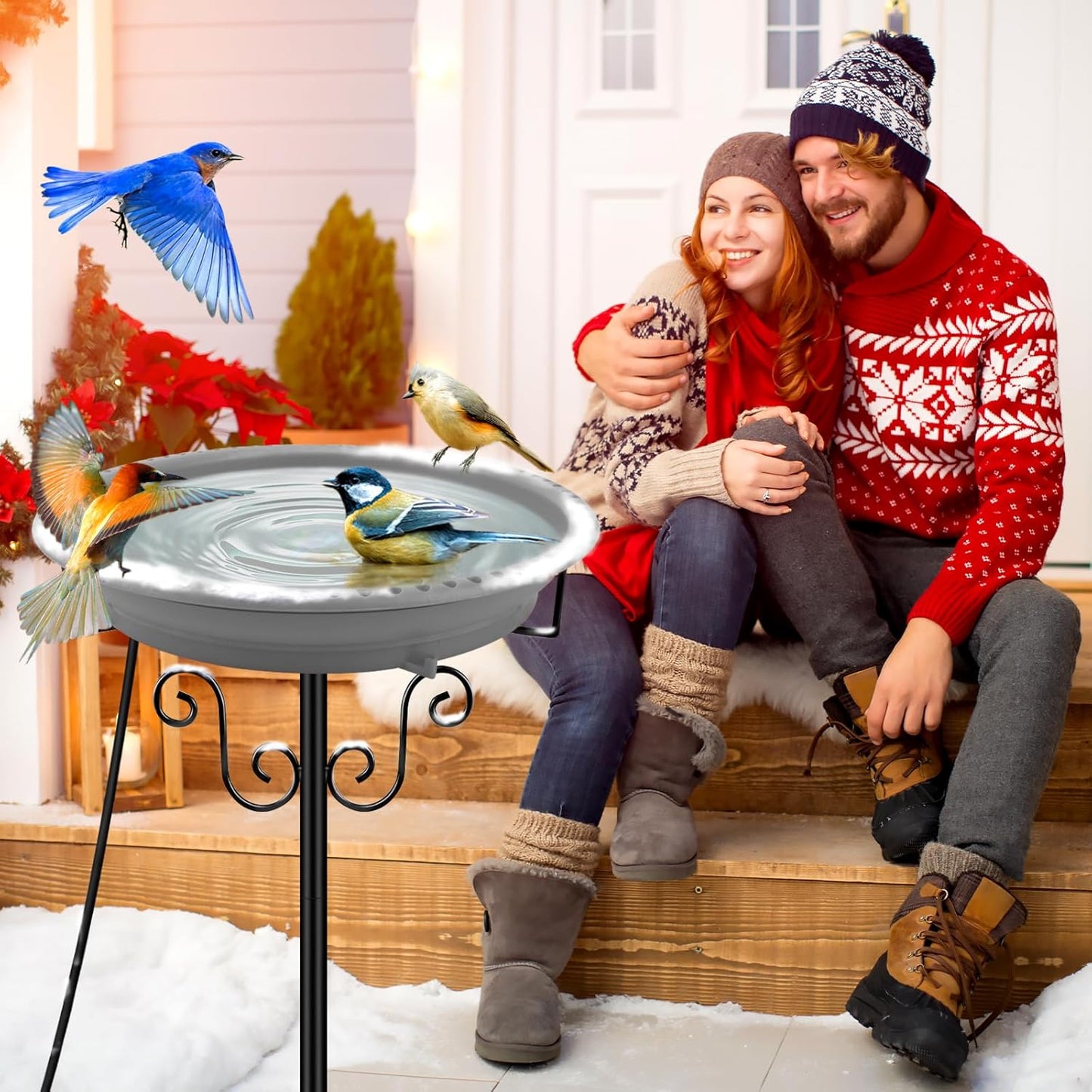 Lovppy Heated Bird Bath, 100W Thermostatically Controlled Heated Bird Baths for Outdoors Bird Bath Heater with Metal Stake, Heated Bird Bath for Outside Winter Garden Patio Yard Lawn (Gray)