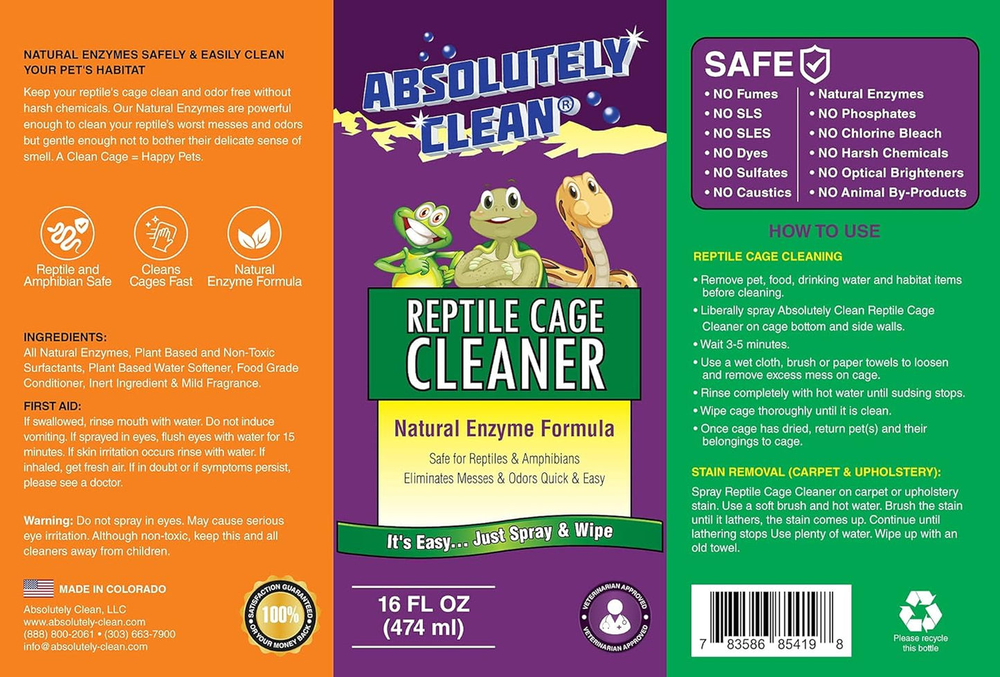 Absolutely Clean Amazing Reptile & Amphibian Terrarium Cleaner and Odor Eliminator - Just Spray/Wipe - Safely & Easily Removes Reptile & Amphibian Messes - USA Made