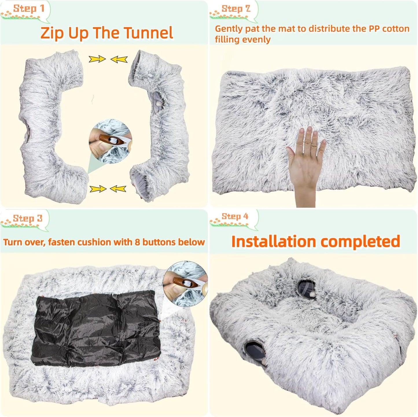 XxingSheep 4 Cave Shuttled XL Cat Tunnel Bed for Indoor Cats Peekaboo Toy Donut with Warm Mat, Pinkish White