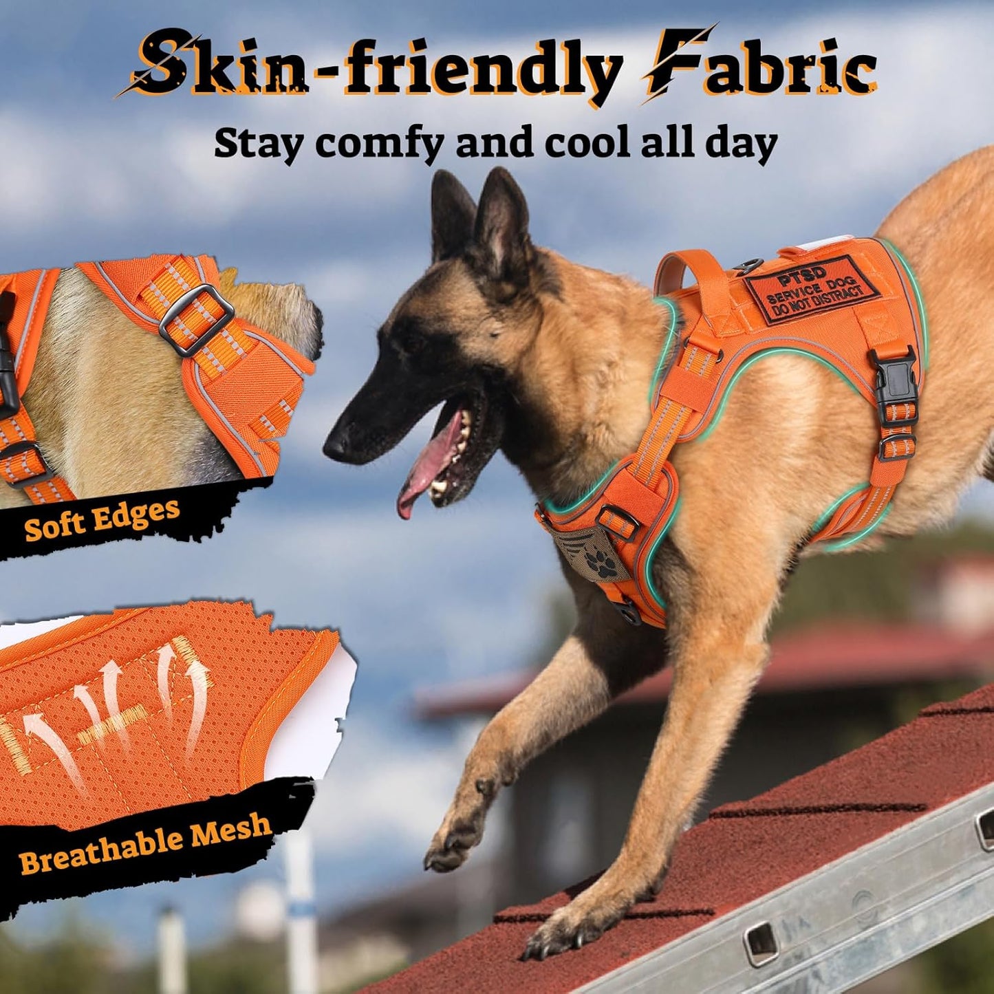 rabbitgoo Dog Harness Small Sized No Pull, Tactical Service Pet Vest with Molle and Control Handle, Adjustable and Reflective Military Harness for Easy Walking and Training, Orange, S