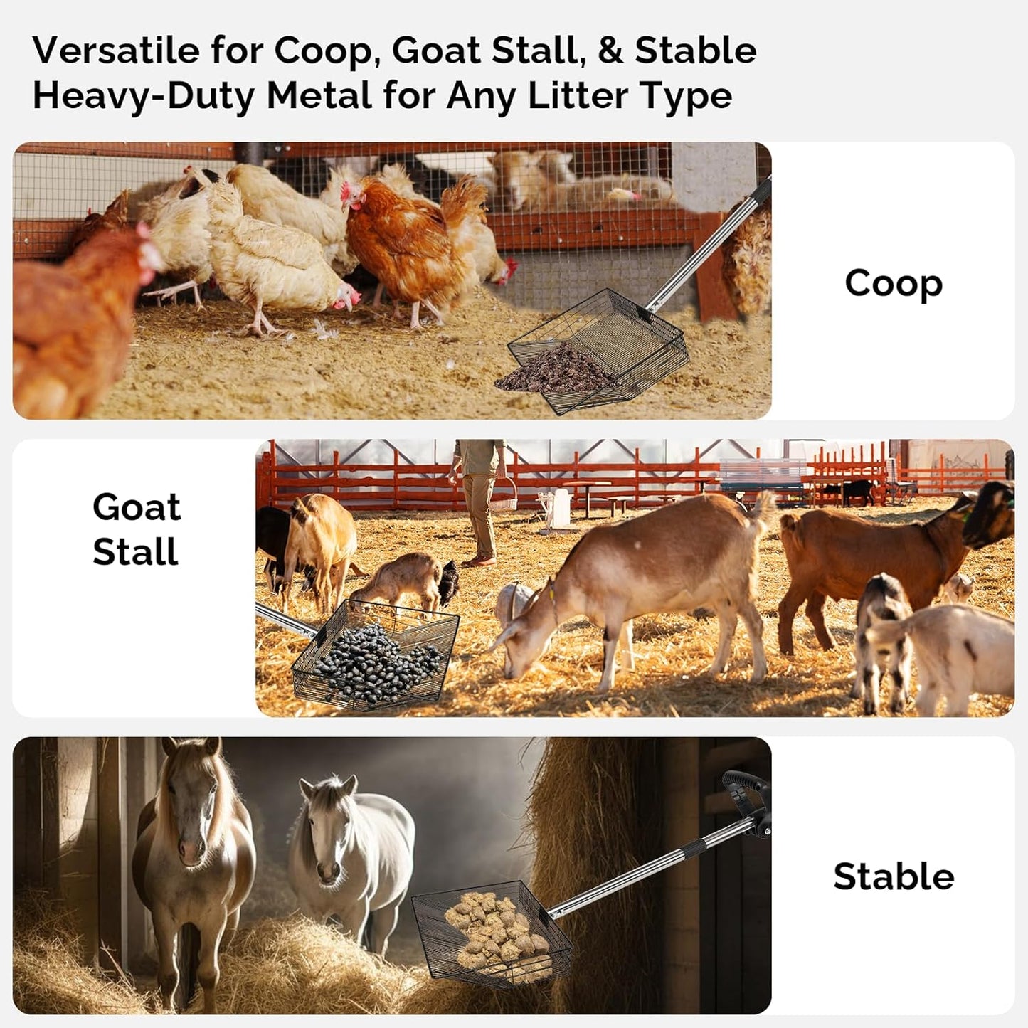 15" Extra-Wide Chicken Poop Scooper โ Ergonomic Adjustable Handle (24-70in), Stainless Steel Sifting Shovel Deep Litter Cleaning for Chicken Coops, Goat - Chicken Coop Scoop for Sand, Straw, Hemp